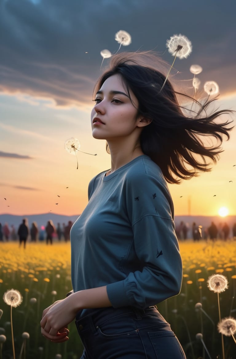 masterpiece of photorealism, photorealistic highly detailed 8k photography, best hyperrealistic quality, volumetric lighting and shadows, wedge cut black hair young woman in casual clothes, Dandelion Fields in Breeze full of busy people, Silhouette Shot Against a Colorful Sky