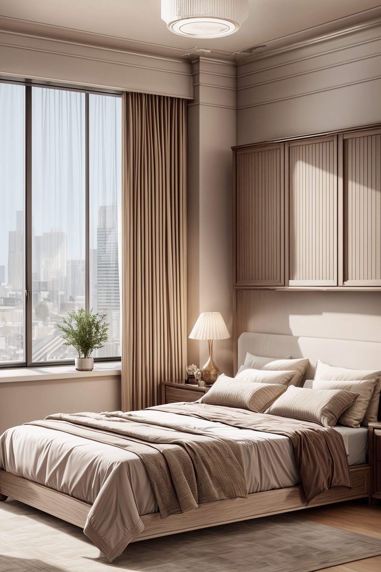 Ultra-realistic 8k CG,masterpiece,best quality,Highly detailed,Professional,extreme detail description,indoors,bedroom,bed,frame,curtains,<lora:Yue暖馨室内设计v1:0.7>,<lora:add_more_details:0.6>,dome light,potted plant,plant,leafeon,wardrobe,