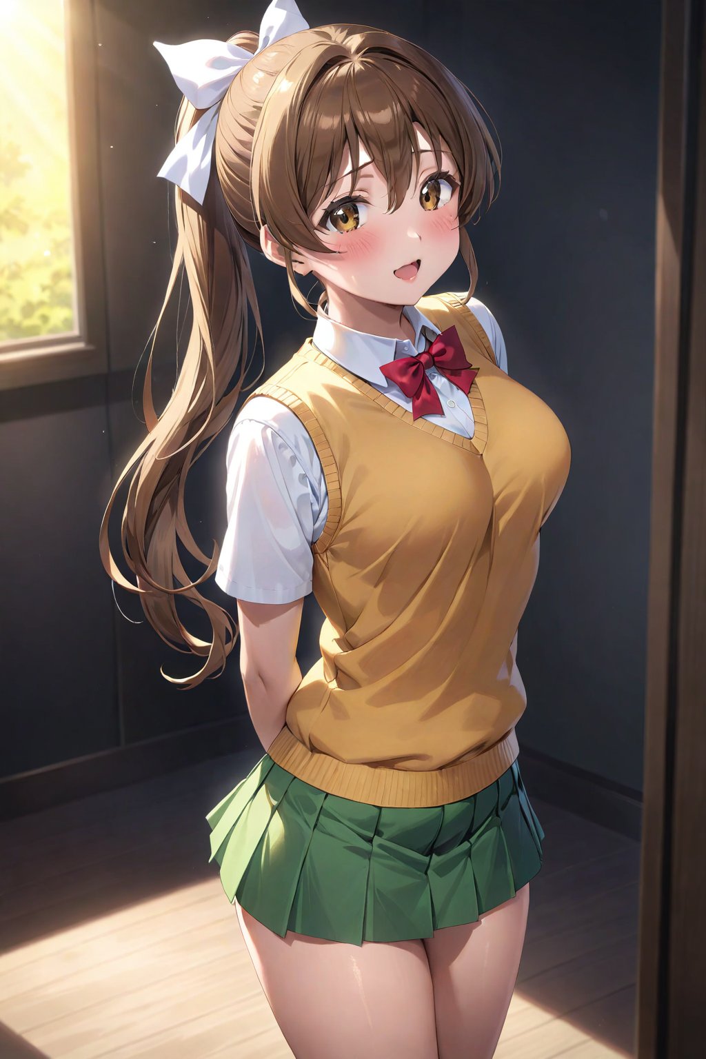 sunohara shizuka, 1girl, solo, skirt, breasts, brown hair, medium breasts, green skirt, brown eyes, sweater vest, ponytail, hair ribbon, long hair, looking at viewer, shirt, pleated skirt, white shirt, short sleeves, red bowtie, thighs, collared shirt, blush, miniskirt, yellow sweater vest, white ribbon, yellow vest, standing, cowboy shot, open mouth, high ponytail,hair between eyes, vest, hands behind back, vibrant lighting, high contrast, dramatic shadows, highly detailed, detailed skin, depth of field, masterpiece, best quality, expressive eyes, perfect face, perfect body, beautiful girl, cute girl,<lora:sunohara shizuka blue 3:1>