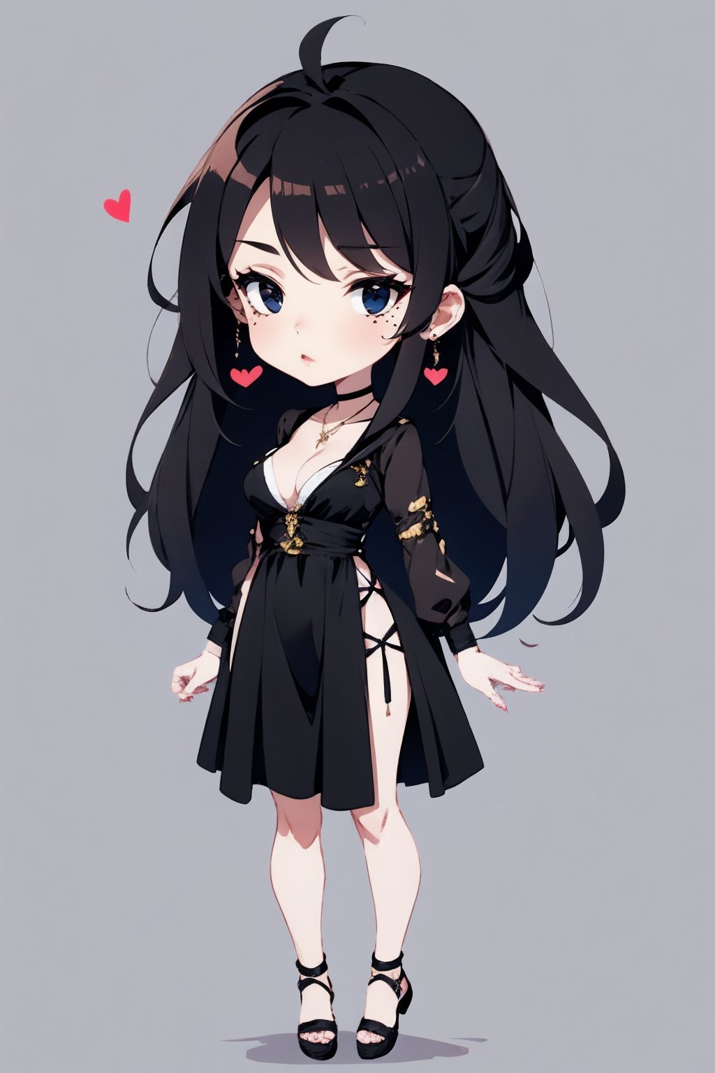 <lora:AgainChibiLora_v1:1>,1girl, 1boy, solo, mole under eye, jewelry, mole, heart, black hair, necklace, dress, black eyes, black dress, black footwear, full body, breasts,