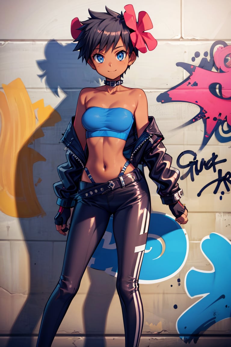 <lora:Bold_CAT:0.4>,  <lora:more_details:0.5>,  ((masterpiece, best quality)), <lora:Phoebe_Pokemon:0.8>, Phoebe_Pokemon,  blue eyes, hair flower, dark skin,  solo, smile,  leather jacket, leather pants, strapless bra, black jacket, tight pants, black choker, zipper, fingerless gloves, biker clothes, spikes, unzipped, multiple belts, shiny clothes, high collar, (graffiti:1.2), brick wall,