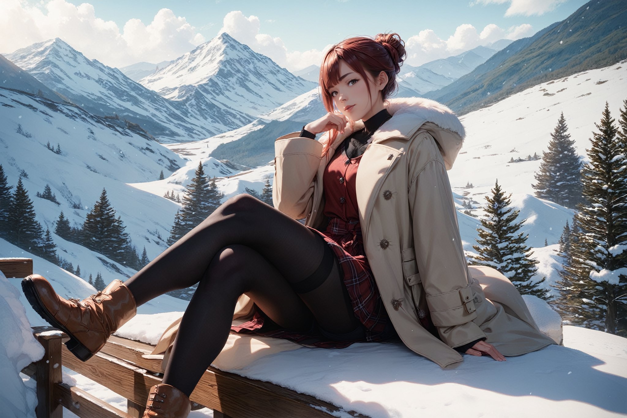 score_9,score_8_up,score_7_up,best_quality,masterpiece,3d-realisticstyle,BREAK1girl,sidelocks,red_hair,winter_coat,sitting,crossed_legs,winter_mountain,horizon,snowing,outdoors,