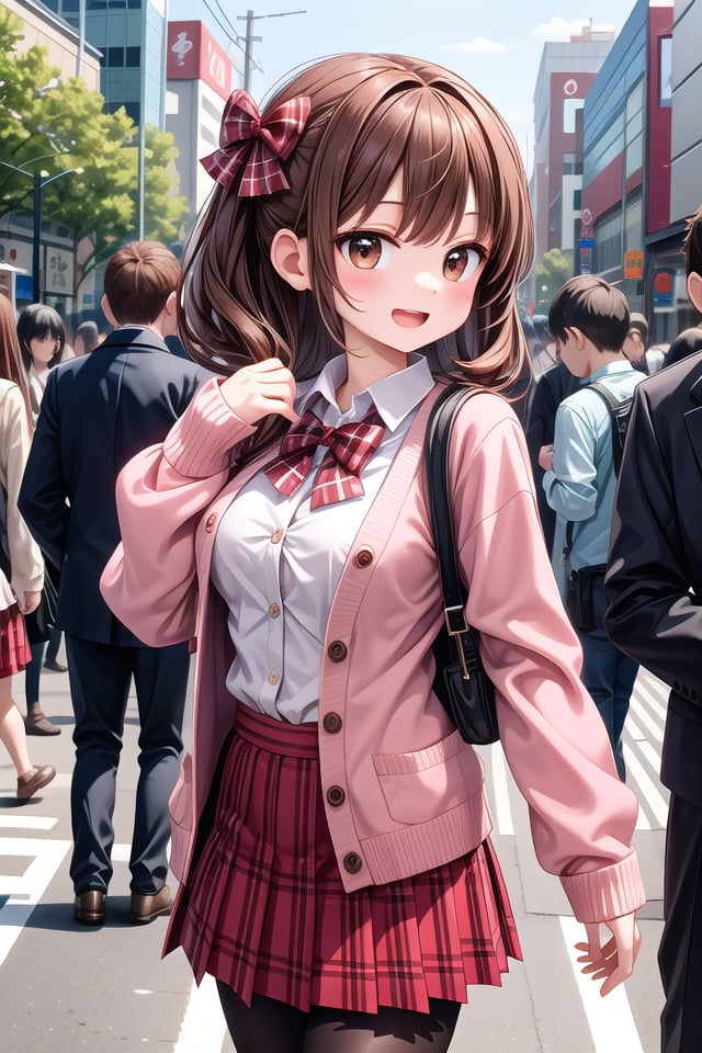 insanely detailed, absurdres, ultra-highres, ultra-detailed, best quality,1girl, solo, nice hands, perfect handsBREAK(School Uniforms:1.2), (pink cardigan is fit body:1.4), ((do up a buttons, not loose):1.5), ((long sleeve, sleeves past wrists):1.2), (inner wear is white collared-shirt:1.3), (red plaid-pattern bow:1.3), (red plaid-pattern pleated skirt:1.3), ((dark-brown pantyhose, loafers):1.2)BREAKhappy smile, laugh, open mouth, standing,from side,cute pose, cowboy shotBREAKslender, kawaii, perfect symmetrical face, ultra cute girl, ultra cute face, ultra detailed eyes, ultra detailed hair, ultra cute, ultra beautifulBREAKin harajuku, shibuya, tokyo, street, crowd, cityscapeBREAKmedium large breasts,(brown hair, brown eyes), hime cut