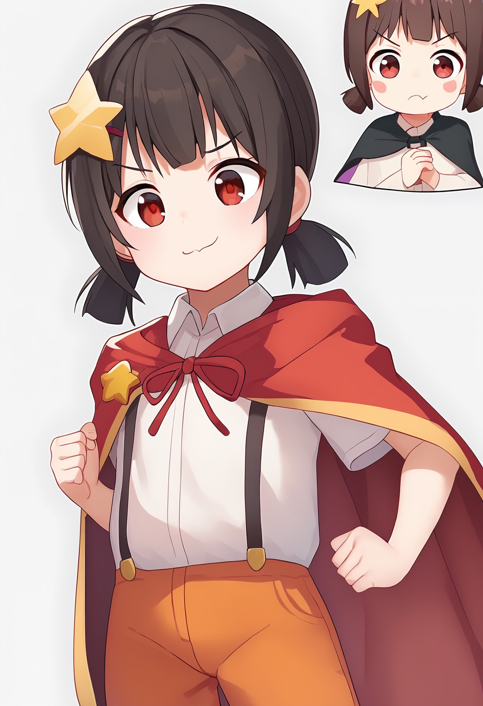 komekko,   star hair ornament, pout, pants, red eyes, brown eyes, :3, simple background, medium hair, pouty lips, shirt, child, short twintails, twintails, star \(symbol\), long sleeves, collared shirt, white shirt, grey background, red cape, hair ornament, black hair, orange pants, closed mouth, open mouth, cape, short sleeves, smile, :o, clenched hands, blush stickers, brown hair, artist name, score_9,  sfw <lora:pony_char_komekko:1>