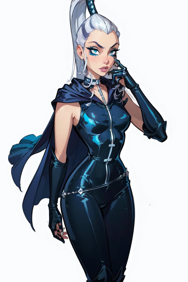 Icy, blue eyes, white hair, very long ponytail, WitchOutfit, sleeveless, blue outfit, knee boots, gloves, (dark-blue cape), (white background, solid white background:1.5), (realistic:1.2), (masterpiece:1.2), (full-body-shot:1),(Cowboy-shot:1.2), neon lighting, dark romantic lighting, (highly detailed:1.2),(detailed face:1.2), (gradients), colorful, detailed eyes, (detailed landscape:1.2), (natural lighting:1.2), close shot, solo, <lora:WinxClubIcy-10:0.9> <lora:add_detail:0.3> <lora:BeautifulEyes:0.6>