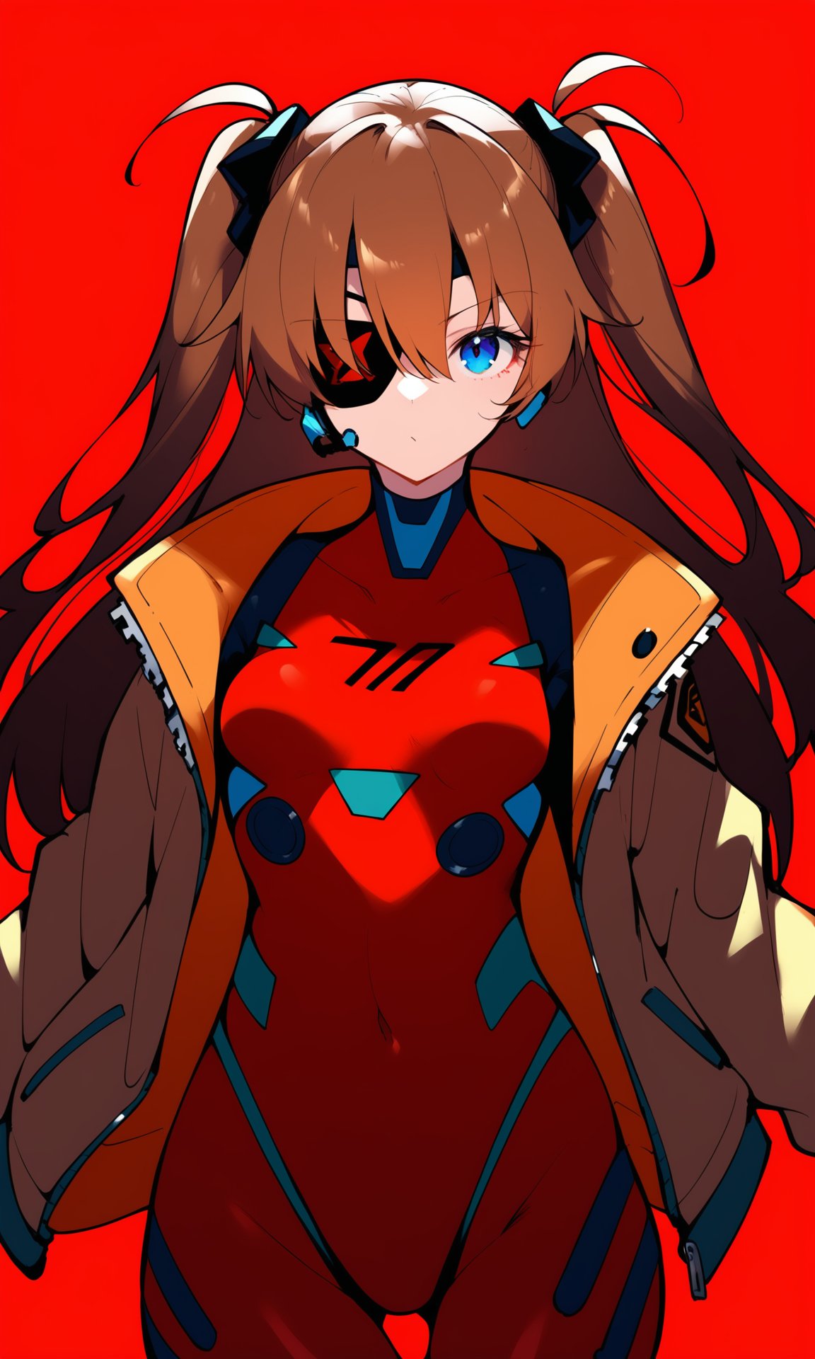 1girl,solo,souryuu asuka langley,eyepatch,red background,blue eyes,plugsuit,long hair,jacket,looking at viewer,breasts,upper body,red bodysuit,bodysuit,simple background,brown hair,open clothes,two side up,bangs,open jacket,closed mouth,interface headset,long sleeves,hair between eyes,brown jacket,red jacket,medium breasts,