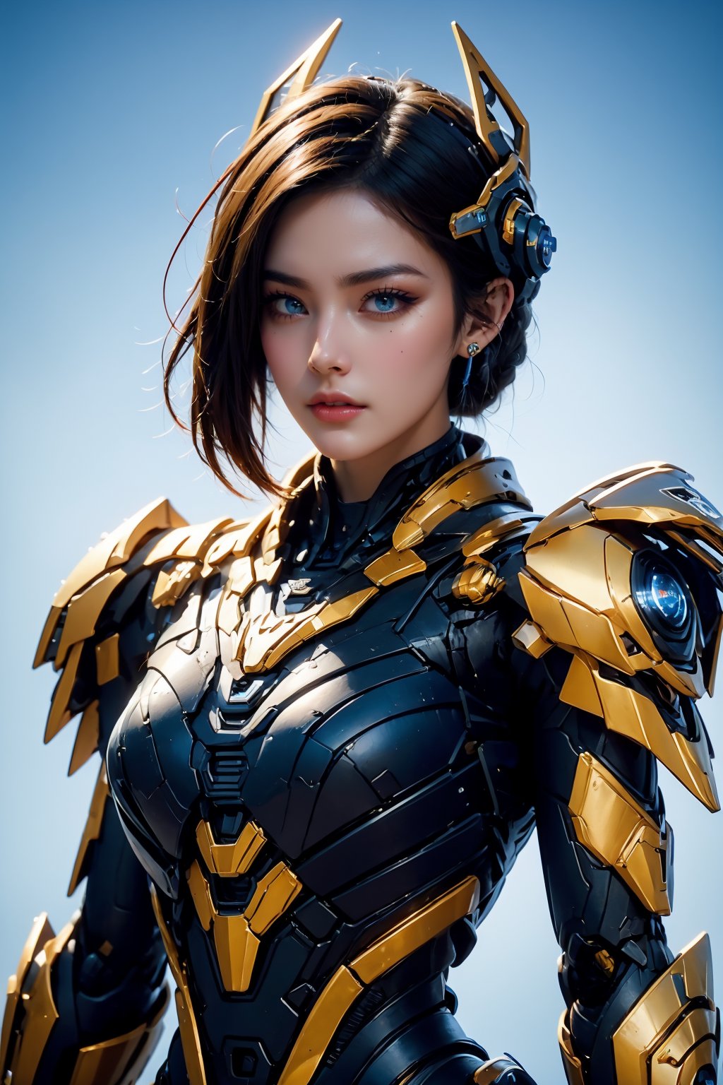 <lora:AgainRealistic_v2.0:1>,AgainRealistic_v2.0, 1girl, solo, blue eyes, looking at viewer, lips, brown hair, upper body, mole, mole under eye, nose, parted lips, earrings, armor, realistic, makeup, science fiction, jewelry, power armor, bodysuit, headgear, red lips, short hair, cyborg, black hair, breasts, lipstick, cyberpunk, blue background, eyelashes, long hair