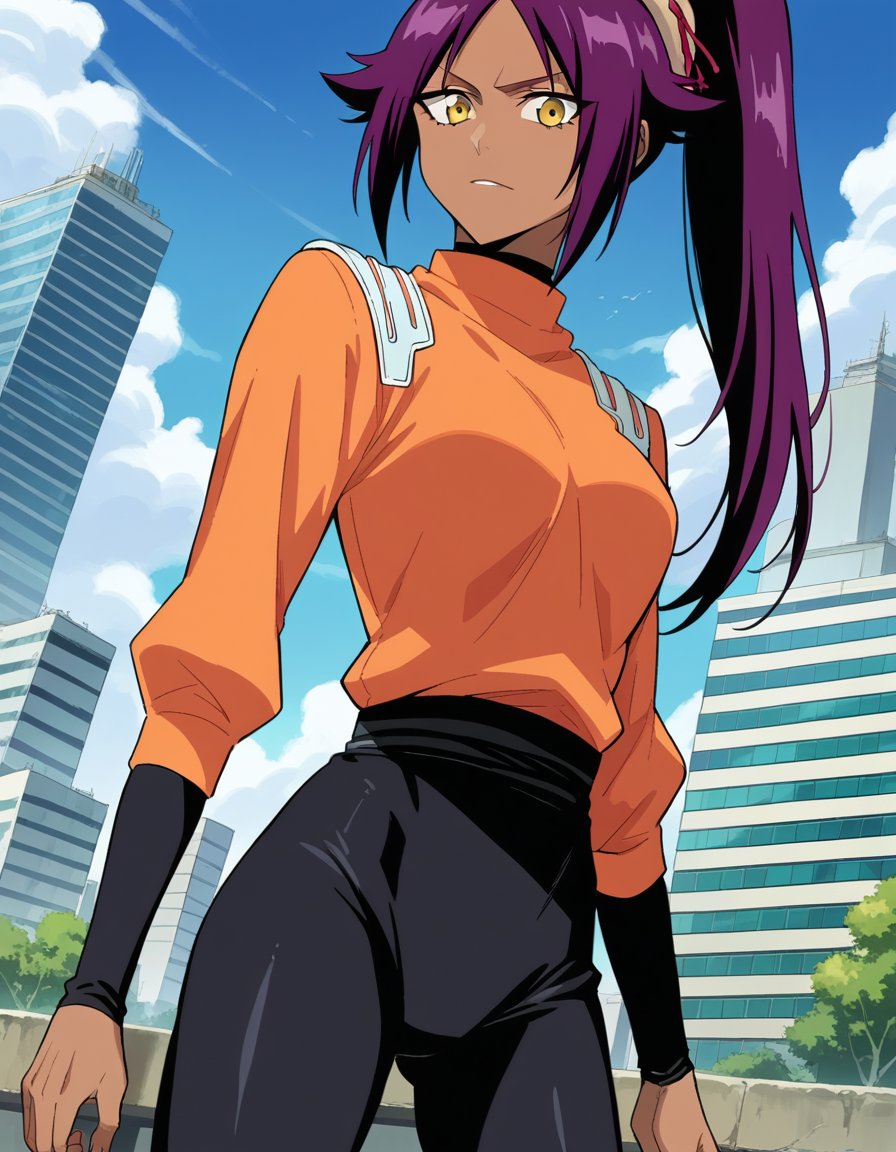 score_9, score_8_up, score_7_up, source_anime,yoruichishihouin, <lora:yoruichi-shihouin-ponyxl-lora-nochekaiser:1>yoruichi shihouin, long hair, yellow eyes, ponytail, purple hair, dark skin, dark-skinned female,bodysuit, black bodysuit, bodysuit under clothes, orange shirt, long sleeves,outdoors, cityscape,looking at viewer, dutch angle, cowboy shot,