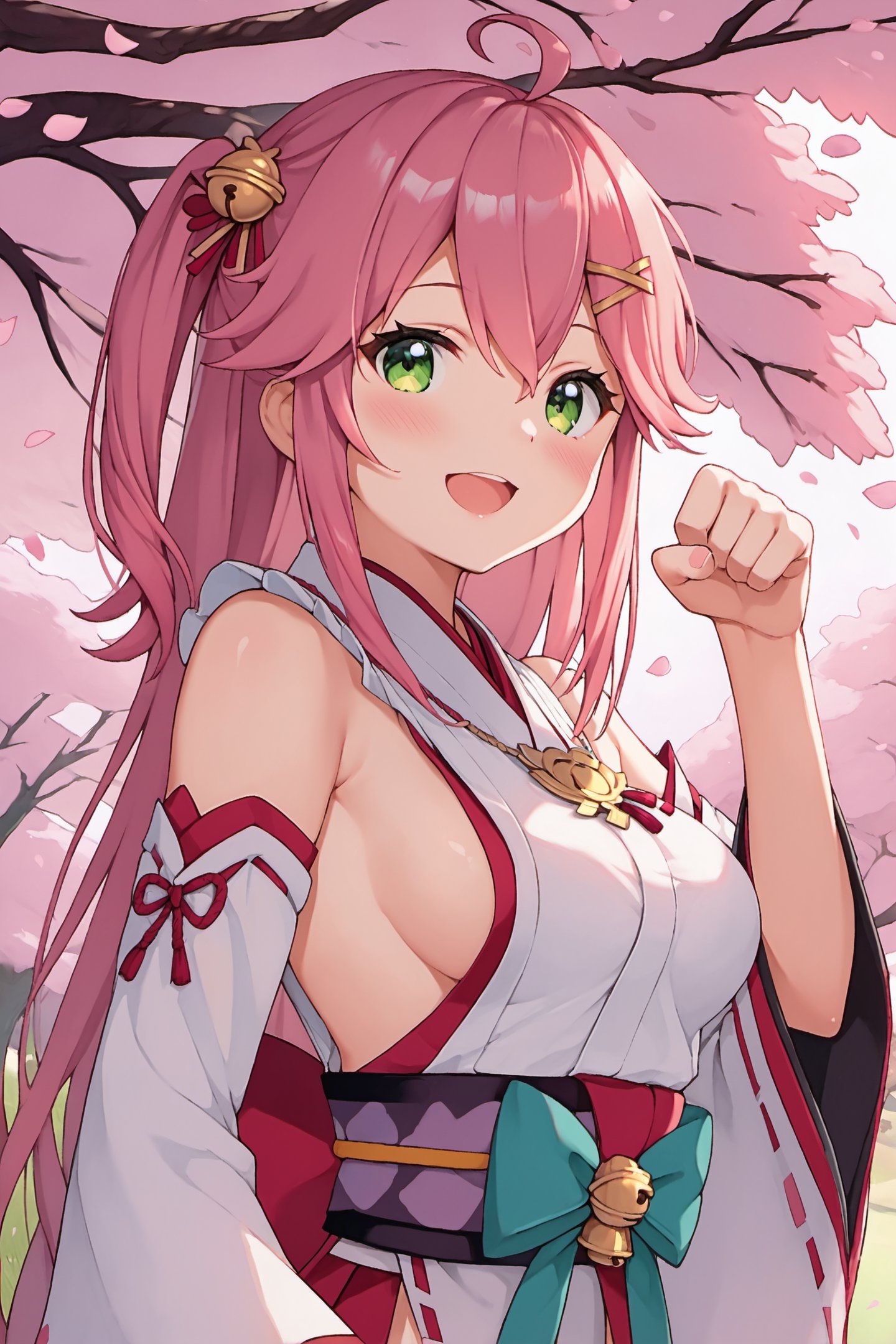 1girl,virtual youtuber,sakura miko,hair ornament,solo,green eyes,ahoge,breasts,long hair,sideboob,open mouth,x hair ornament,pink hair,looking at viewer,detached sleeves,floral print,paw print,medium breasts,petals,one side up,wide sleeves,hairclip,cherry blossom print,bell,paw print pattern,blush,hair between eyes,bangs,japanese clothes,smile,paw pose,upper body,page number,bare shoulders,hair bell,sleeveless,cherry blossoms,bow,frills,nontraditional miko,score_9,score_8_up,<lora:Kanzaki Hiro_XL_PONY:0.9>,