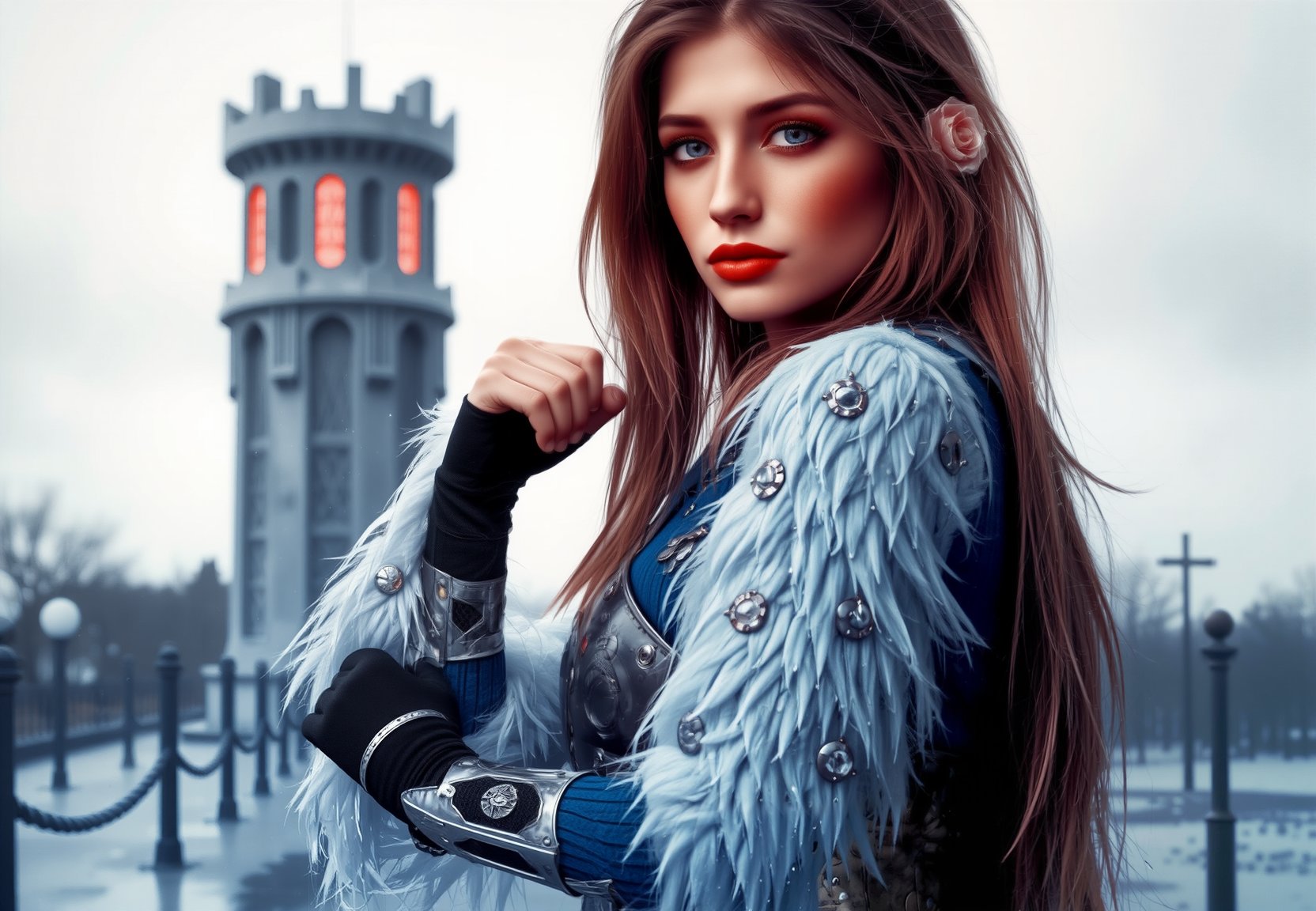 (Gorgeous Photo) of a warrior Kulsky wearing white flock fancy [blue] dress , highlights in red hair, hairstyle Emo, ((tiny)) ((rose in hair)),futuristic tower in the background, side light, rim lighting, studio lighting, ultra quality, sharp focus, film grain, Fujifilm XT3, highly detailed glossy eyes, high detailed skin, skin pores,raining weather, spring,cyberpunk style ,dynamic fighting pose,,natural pose, full body,,RAW, 64k textures,crystal clear,DSLR, UHD, 64k face textures,octane render, Unreal Engine 5, Cinematic, cinematic shot ,Color Grading, [portrait Photography], Ultra-Wide Angle, Depth of Field, ((hyper-detailed)),(( insane details)), Photoshoot, Tilt Blur, Shutter Speed 1/1000, F/22And, by aderek, by Pawel Tomczuk,