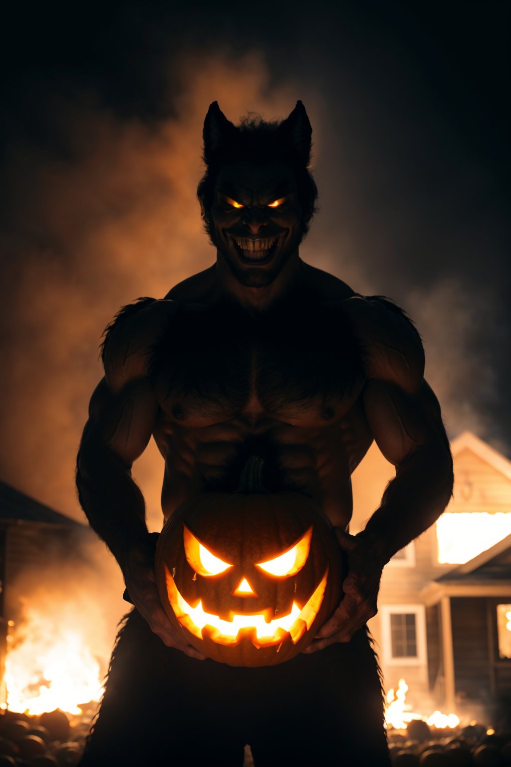 wide shot, (solo:1.2), evil pumpkin face, [(a muscular man:0.8):(werewolf sillhouette:1.15)] (holding:1.1) pumpkin, (messy fur:1.15), grin, crazy, halloween, wildfire in the night, (burning house:1.1) <lora:FilmVelvia3:0.6>, slate atmosphere, cinematic, dimmed colors, dark shot, muted colors, film grainy, lut, spooky