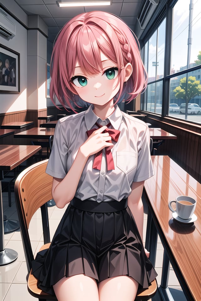 insanely detailed, absurdres, ultra-highres, ultra-detailed, best quality,1girl, solo, nice hands, perfect hands,BREAK,wearing summer school uniform,smile, closed mouth,sitting on chair in front of table,45 angle, cowboy shot, looking at viewer,BREAK,(tsurime:1.4),slender, kawaii, perfect symmetrical face, ultra cute girl, ultra cute face, ultra detailed eyes, ultra detailed hair, ultra cute, ultra beautiful,by Canon EOS, SIGMA Art Lens 35mm F1.4, ISO 200 Shutter Speed 2000,BREAK,in a cafe,pink hair, short hair, braids, green eyes