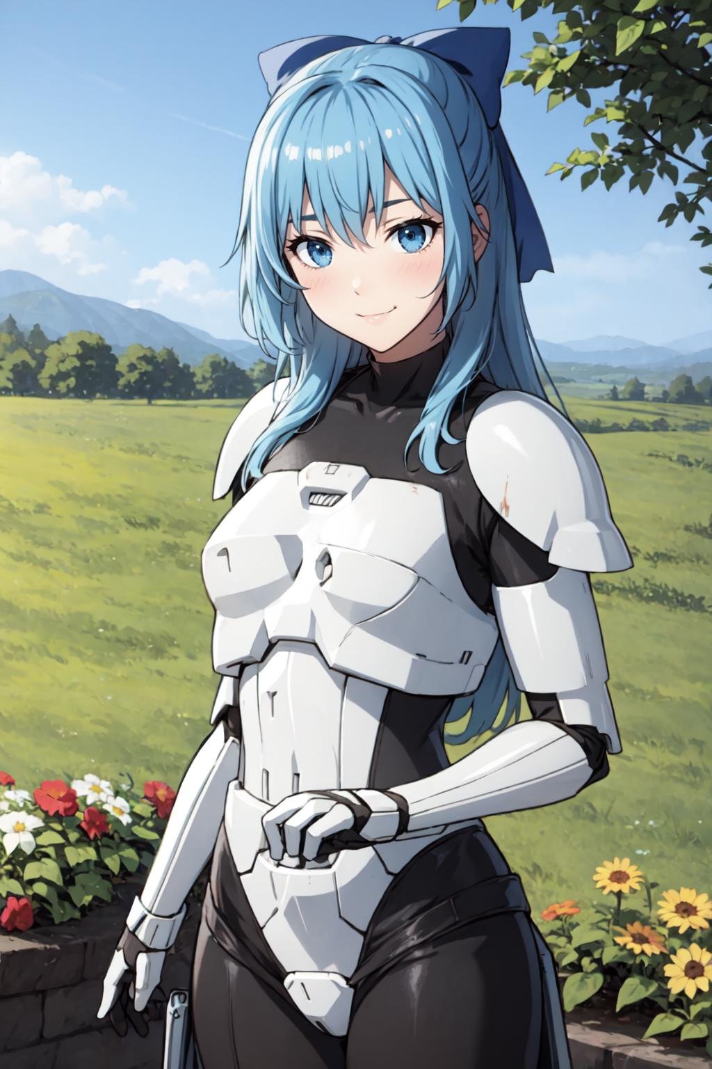 sgliselotte, cowboy shot, standing, light smile BREAK long hair, blue hair, sidelocks, blue eyes BREAK (black bow, hair bow, StromTrooper, armor:1) BREAK (garden field:1) <lora:liselotte-sd15-5-000008:0.7> <lora:StormTrooper:0.8>