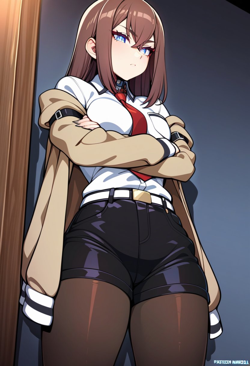 <lora:steinsgate_makise_xl-000004:1> masterpiece, best quality, rating: general, (art by neocoill:0.4), solo, 1girl, makise kurisu, expressionless, crossed arms, jacket, off shoulder, collared shirt, red necktie, black shorts, pantyhose, legwear under shorts