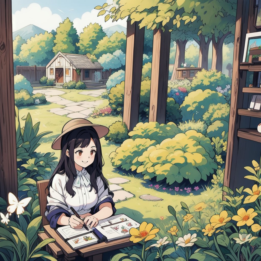 A hyper-realistic illustration of a Latina woman with long, wavy black hair and a sun hat sits cross-legged in a colorful garden. Surrounded by vibrant flowers and fluttering butterflies, she wears a serene smile and holds a sketchbook, diligently drawing the picturesque scenery. The scene is framed with the garden in the foreground, showcasing the abundance of nature's beauty. Bright, cheerful lighting enhances the playful and joyful atmosphere, emphasizing the theme of self-love through creativity and communion with nature.