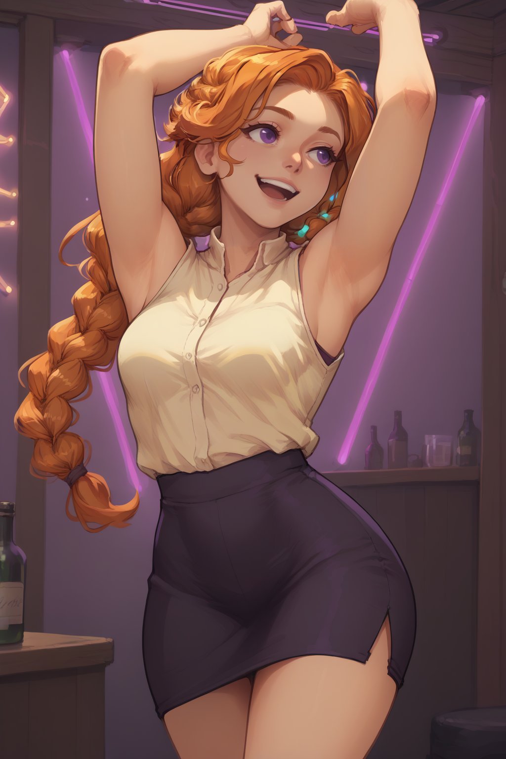 score_9, score_8_up, score_7_up, BREAK 1girl, solo, <lora:NSLeahStardew:1> NSLeahStardew, orange hair, long hair, braid, braid in front, single braid, purple eyes, arms above head, dancing, club, neon lights, colorful lights, indoors, happy, sleeveless shirt, pencil skirt