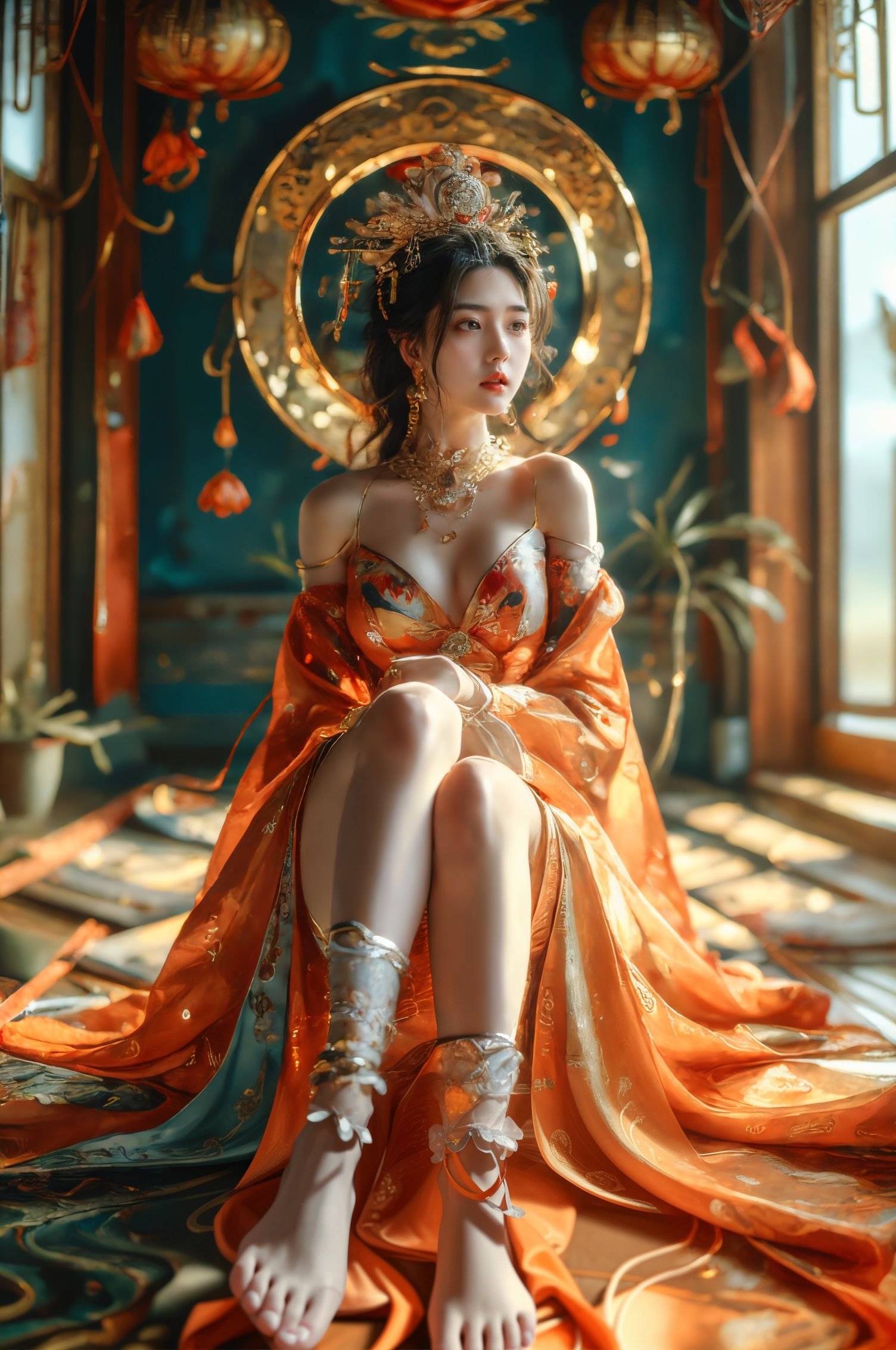 xuer Chinese goddess,1girl,(sitting:1.2),( jewelry,anklet,:1.3) solo,(shiny skin:1.4),(from below:1.1),(full body:1.1),(wide shot, wide-angle lens,Panoramic:1.2),image,nostalgic paintings,Exotic Style,bull body,long sho,dancing,Martialarts and fairy - like vibe,best quality,masterpiece,Dynamic Angle,Perspective,High Point,pov,(from below:1.4),(from side,profile:1.1),<lora:绪儿-中国女神 xuer Chinese goddess:0.75>,<lora:xuer a sense of story girl_20240320200924:0.5>,