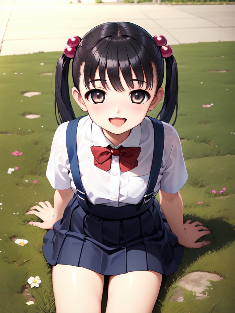 <lora:Tsutsumi_Kinuka:0.8>, TsutsumiKinuka, 1girl, solo, skirt, twintails, black hair, smile, open mouth, hair ornament, sitting, suspenders, hair bobbles, looking at viewer, brown eyes, pleated skirt, school uniform, shirt, :d, short sleeves, bow, bangs, white shirt, suspender skirt, from above, outdoors, long hair, blue skirt, grass, bowtie, shiny, arm support,masterpiece, high quality, very_high_resolution, large_filesize, full color,