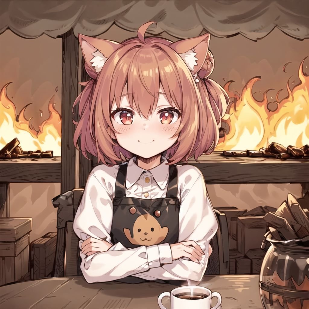 thisisfine, 1girl, plum hair, cone hair bun, crossed_arms, table, coffee_mug, steaming coffee, cute, dog_ears, staying positive, surrounded by flames, fire, sitting, smoke  <lora:thisisfineV3:0.4>