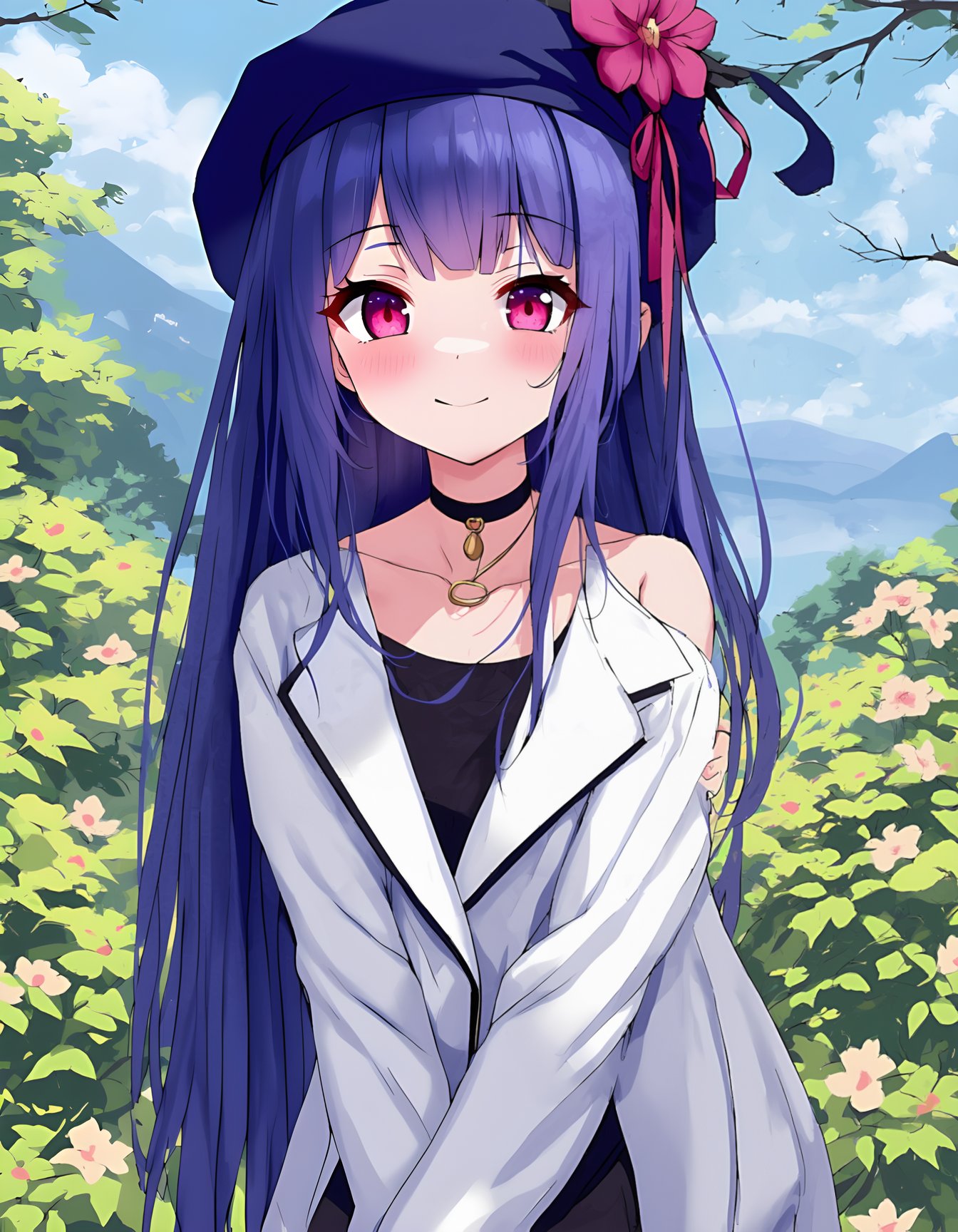 1girl, long hair, looking at viewer, blush, smile, long sleeves, hair ornament, dress, hat, ribbon, closed mouth, bare shoulders, very long hair, blue hair, jacket, purple eyes, collarbone, upper body, purple hair, flower, outdoors, open clothes, sleeveless, choker, virtual youtuber, pink eyes, off shoulder, black dress, open jacket, tree, sleeveless dress, beret, halterneck, white jacket, red headwear, nature,