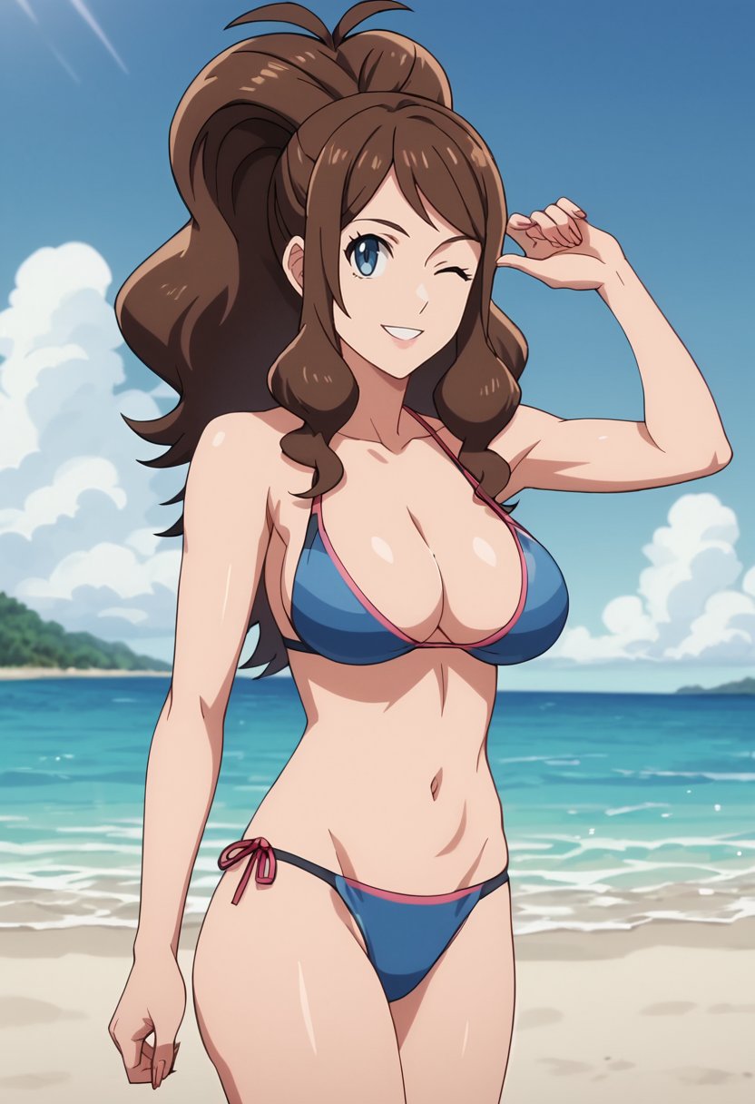 score_9, score_8_up, score_7_up,source_anime,anime coloring,perfect anatomy,cinematic_shadow,anime screencap,<lora:animestyle:1>finetuneanimeBREAK <lora:hilda:1>hilda,1girl, breasts, hilda (pokemon), swimsuit, solo, one eye closed, brown hair, bikini, large breasts, blue eyes, cleavage, navel, outdoors, smile, sidelocks, day, high ponytail, long hair,