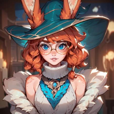 (((beautiful, high quality))), score_9, score_8_up, score_7_up, upper body,AuroraLOL, 1girl, ginger hair, freckles, rabbit ears, rabbit tail, earring,round glasses, witch hat, sleeveless sweater, white jacket with fur, white fingerless gloves, rope belt, blue shorts, thighhighs,blurred background, looking at the viewer, posing,