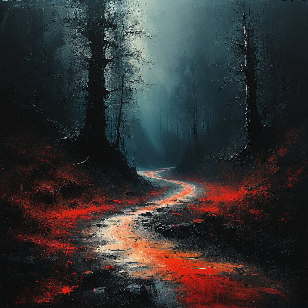 impactful paint of a  road in a forest <lora:Disturbia:0.7>,    highly detailed,   8k,   sharp,  professional, clear,   high contrast, high saturated, , vivid deep blacks, crystal clear