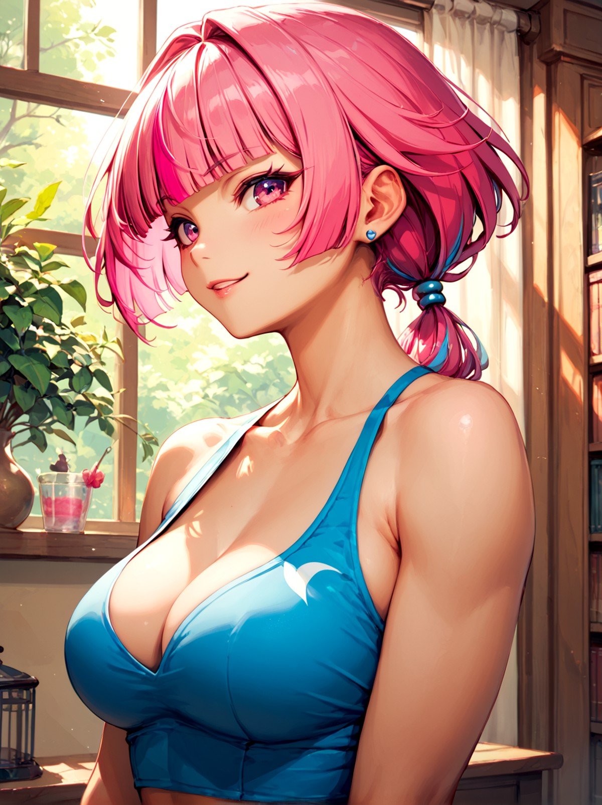 score_9, score_8_up, score_7_up, 1girl,pink hair,short hair,blue two-tone hair,bub cut,long low ponytail,pink eyes,medium breasts