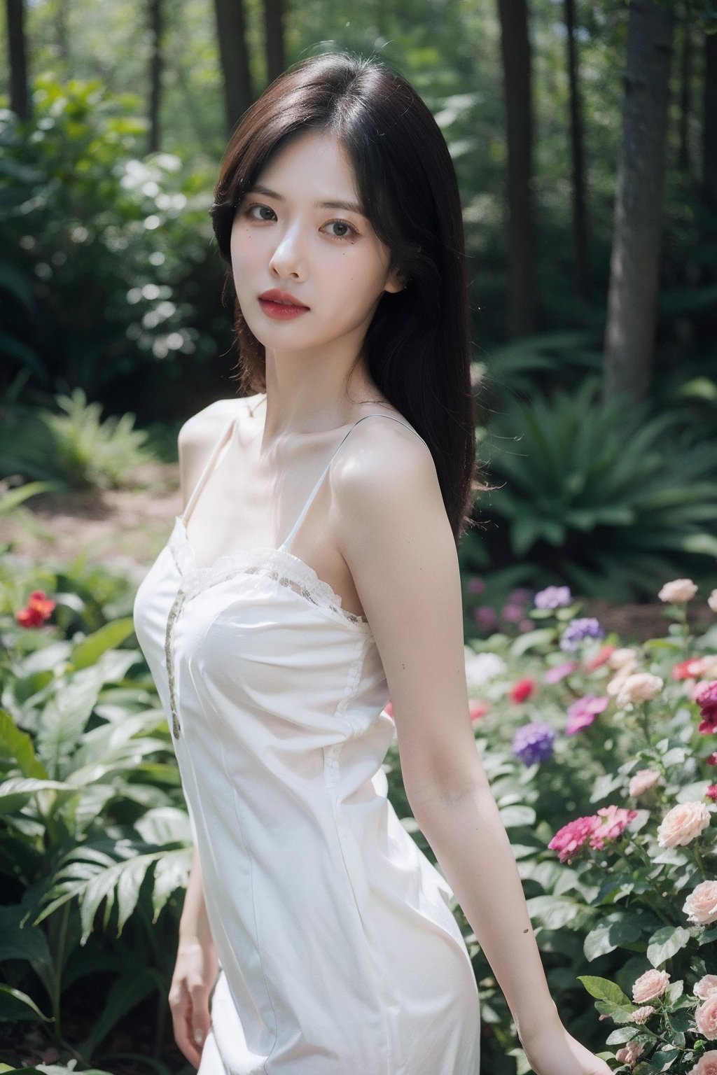 (realistic), (hyperrealism),best quality, masterpiece,ultra high res, (photorealistic:1.4),1girl,pale skin,skinny,(looking at viewer:2),forest, flowers, sunlight,<lora:makina69_hyuna_v1.0:1>   , lace white dress , bare shoulders, cowboy shoot,