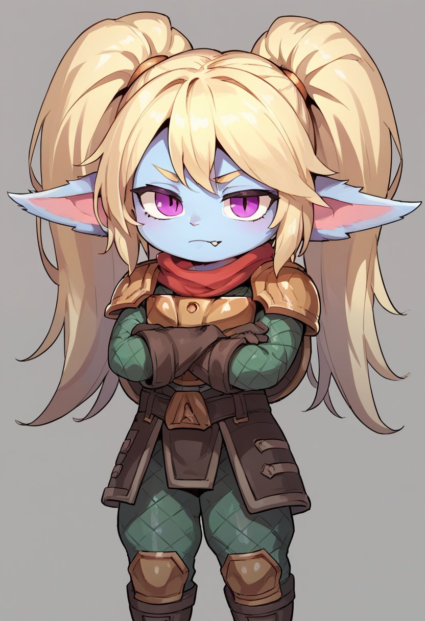 score_9, score_8_up, score_7_up, p0ppy, 1girl, yordle, colored skin, pointy ears, twintails, long hair, blonde hair, purple eyes, fang, red scarf, armor, shoulder armor, gloves, boots, <lora:Poppy_Default_v2:0.8>, solo, standing, arms crossed