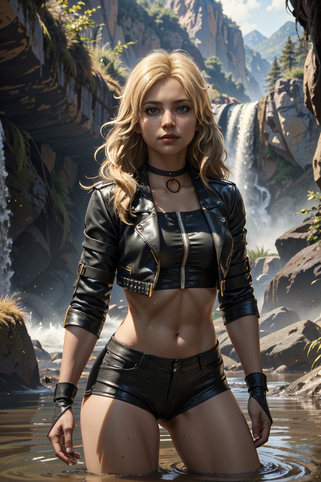 ((ultra detailed, masterpiece, absurdres)) <lora:I2BlackCanary:0.8>I2BlackCanary, 1girl, long hair, blonde hair, blue eyes, in front of hidden mountain waterfall, morning, secluded and refreshing with soft morning light on cascading water