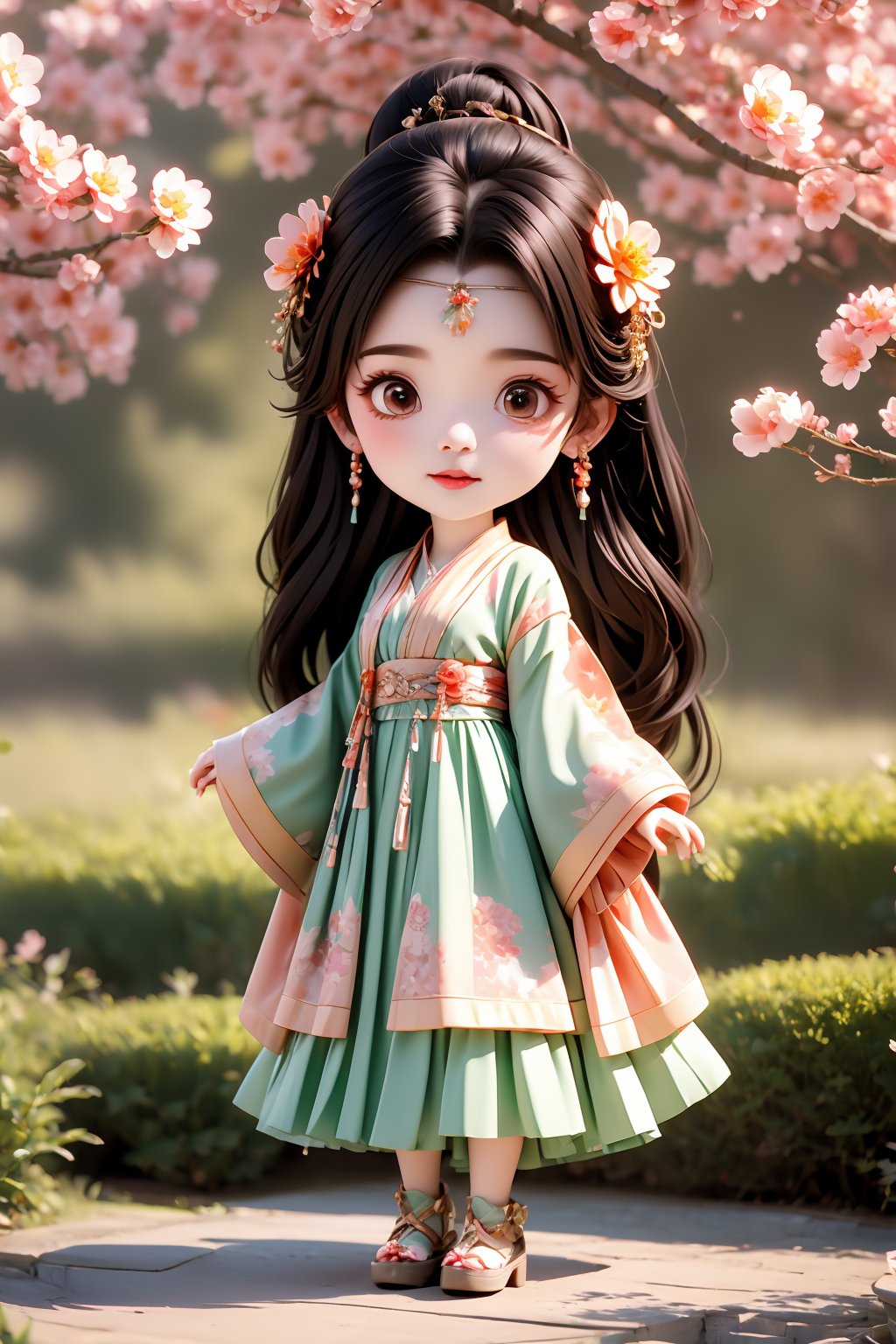 1girl, solo, hair ornament, chibi, black long hair, hair flower, looking at viewer, jewelry, floral print, earrings, full body, brown eyes, wide sleeves, standing, outdoors, peach tree and peach blossom,