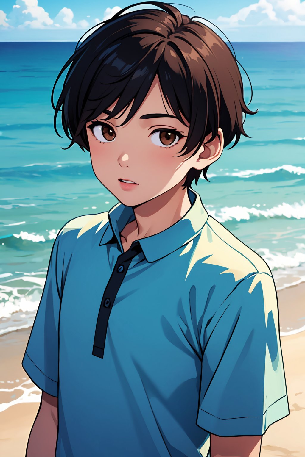 (best quality:1.4),(masterpiece:1.4),(8K:1.4),(extremely detailed:1.4),1boy,solo,brown eyes,(upper body:1.2),looking at viewer,short hair,black hair,sea,beach,wind,