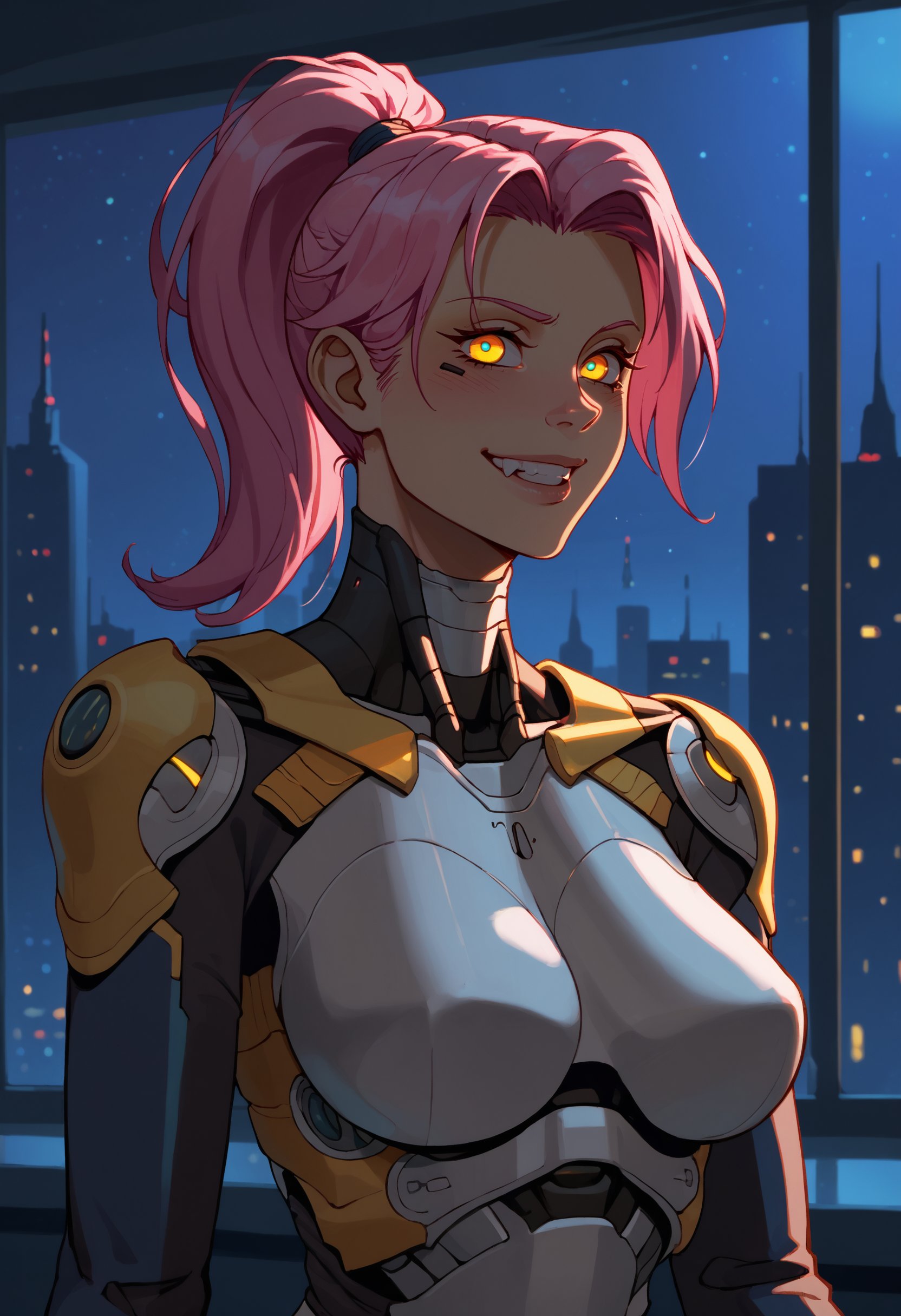 score_9, score_8_up, score_7_up, (extreme closeup, portrait:1.4), highly detailed, mechanical jaw, 1girl, mature female, medium breasts, tall, skinny, futuristic, window, city at night, at night, ponytail, pink hair, [fangs], light smile, dreamy eyes, armor, pink and yellow color scheme, melancholy, <lora:ArmorPunkV3-000002:1>, arm0rpunk