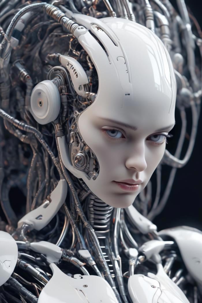 complex 3d render ultra detailed of a beautiful porcelain profile woman android face, cyborg, robotic parts, 150 mm, beautiful studio soft light, rim light, vibrant details, luxurious cyberpunk, lace, hyperrealistic, anatomical, facial muscles, cable electric wires, microchip, elegant, beautiful background, octane render, H. R. Giger style, 8k, best quality, masterpiece, illustration, an extremely delicate and beautiful, extremely detailed ,CG ,unity ,wallpaper, (realistic, photo-realistic:1.37),Amazing, finely detail, masterpiece,best quality,official art, extremely detailed CG unity 8k wallpaper, absurdres, incredibly absurdres, robot, silver halmet, full body, sitting