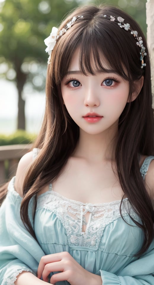 {Realistic}，loli，petite, 1girl, solo,baby face，Lovely face，Delicate eyes，Delicate nose，Delicate mouth，Hair accessories，Very long hair，gradient colour