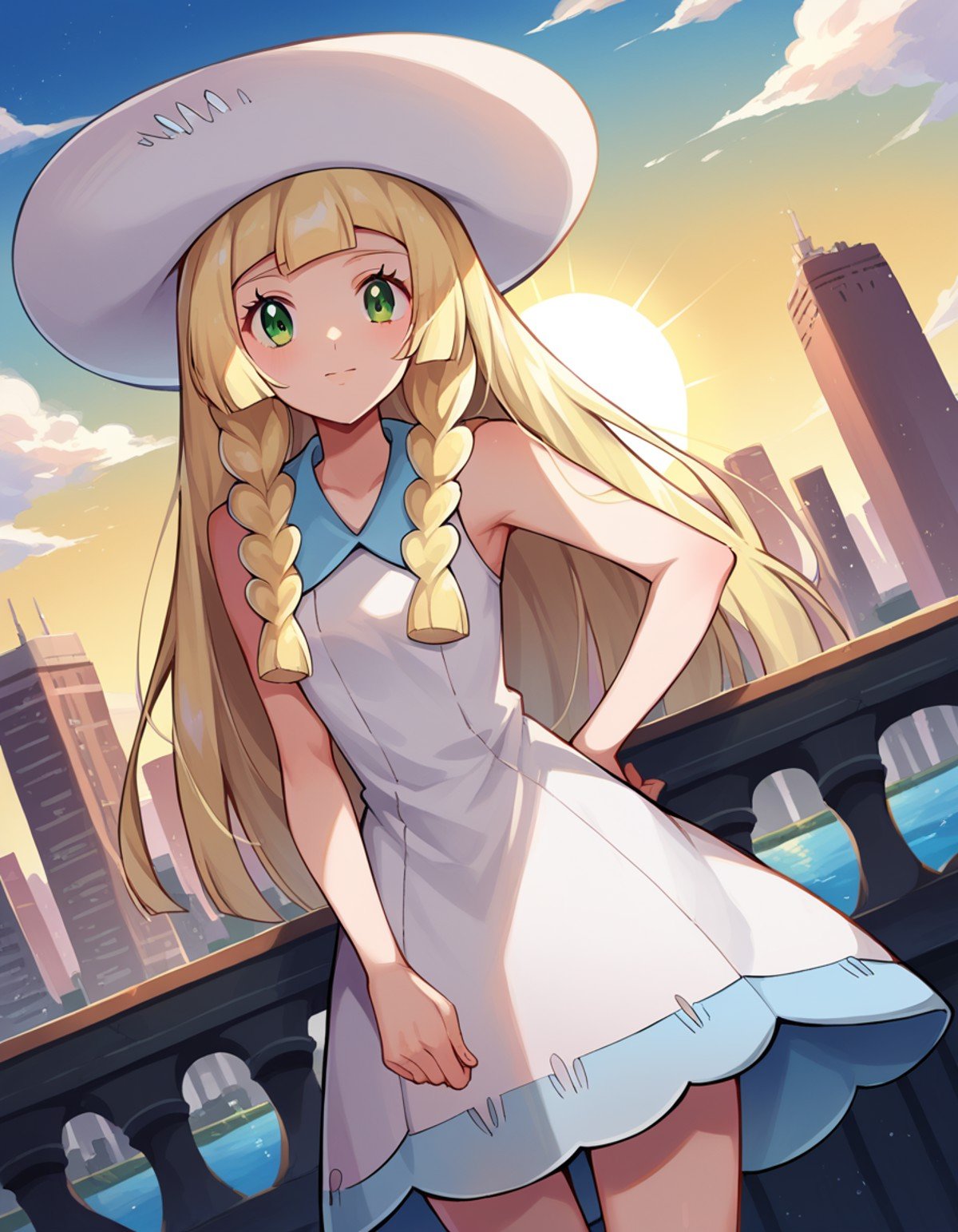 score_9, score_8_up, score_7_up, source_anime,pokemonlilie, <lora:pokemon-lilie-ponyxl-lora-nochekaiser:1>pokemonlilie, blonde hair, blunt bangs, green eyes, long hair,braid, collared dress, dress, hat, sleeveless, sleeveless dress, sun hat, sundress, twin braids, white dress, white headwear,outdoors, cityscape,looking at viewer, cowboy shot, dutch angle,