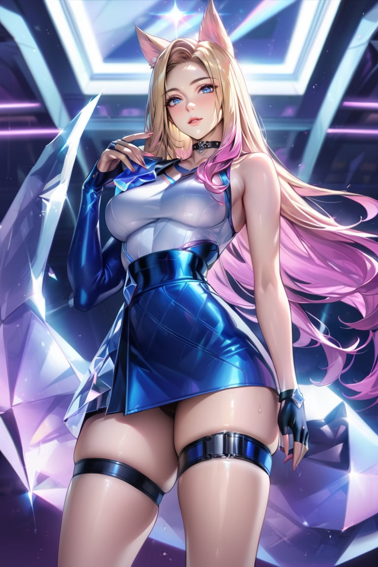 (Masterpiece), mature, HDR,UHD,8K, best quality, Highly detailed, physically-based rendering, extreme detail description, perfect skin, shiny skin, shiny hair,perfect face, 1girl, AllOut, ((asymmetrical_clothing)), blonde hair, blue eyes, pink hair, long sleeve, glove, fingerless glove, thighstrap, multicolored hair, mini skirt, thighs, facial mark, animal ears, tail, crytal, choker,Ahri, blue skirt, white top, K/DA Ahri, bare_shoulder, bare arm, ,LeagueOfLegendsAhri, long hair,ahri<lora:EMS-388761-EMS:0.100000>, <lora:EMS-418641-EMS:0.800000>, <lora:EMS-335737-EMS:0.600000>