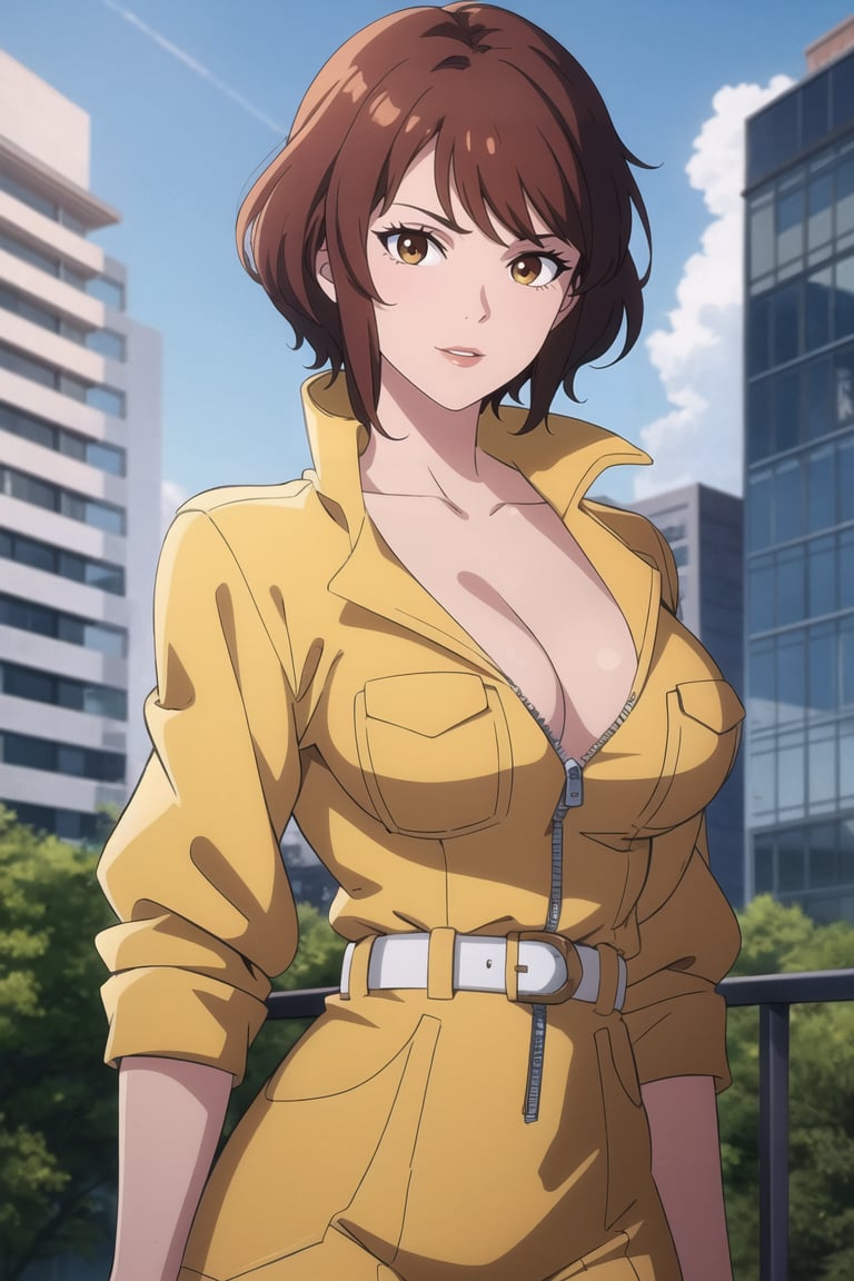 upper body,  masterpiece, best quality, high quality, highres, outdoors, day,  looking at viewer, solo, focused, BREAK, CARTOON_April_ONeil_TMNT_ownwaifu, 1girl, brown hair, short hair, breasts, brown eyes, large breasts, lips, makeup, collarbone, lipstick, cleavage, sleeves rolled up, yellow jumpsuit, watch, unzipped, zipper, white belt,<lora:CARTOON_April_ONeil_TMNT_ownwaifu:1> 