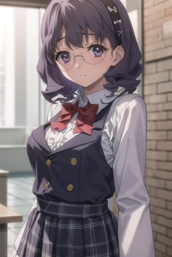 aiyamagata, <lora:ai yamagata-lora-nochekaiser:1>,ai yamagata, short hair, black hair, glasses, (black eyes:1.5),BREAK long sleeves, bow, school uniform, glasses, bowtie, red bow, buttons, red bowtie,BREAK indoors, classroom,BREAK looking at viewer, (cowboy shot:1.5),BREAK <lyco:GoodHands-beta2:1>, (masterpiece:1.2), best quality, high resolution, unity 8k wallpaper, (illustration:0.8), (beautiful detailed eyes:1.6), extremely detailed face, perfect lighting, extremely detailed CG, (perfect hands, perfect anatomy),