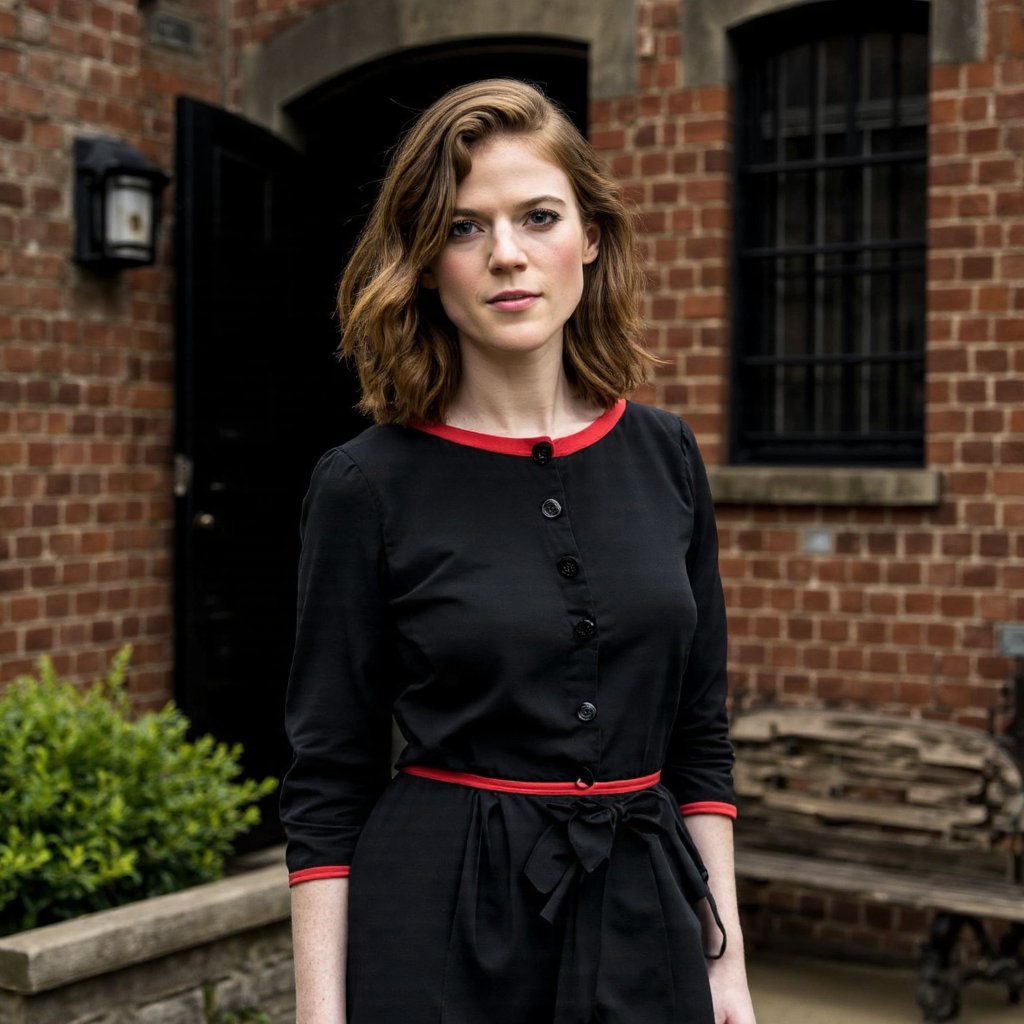 A portrait of rose_leslie standing outdoors in a candid moment. She wears a black dress with a red trim around the waist and a buttoned front. Her hair is styled in loose waves, and she has a neutral expression. The setting is an old brick building with a dark door and a window, and a wooden bench is visible in the background. The color palette is dominated by warm tones, with the red of her dress contrasting against the brown of the brick. The image conveys a serene and contemplative mood.