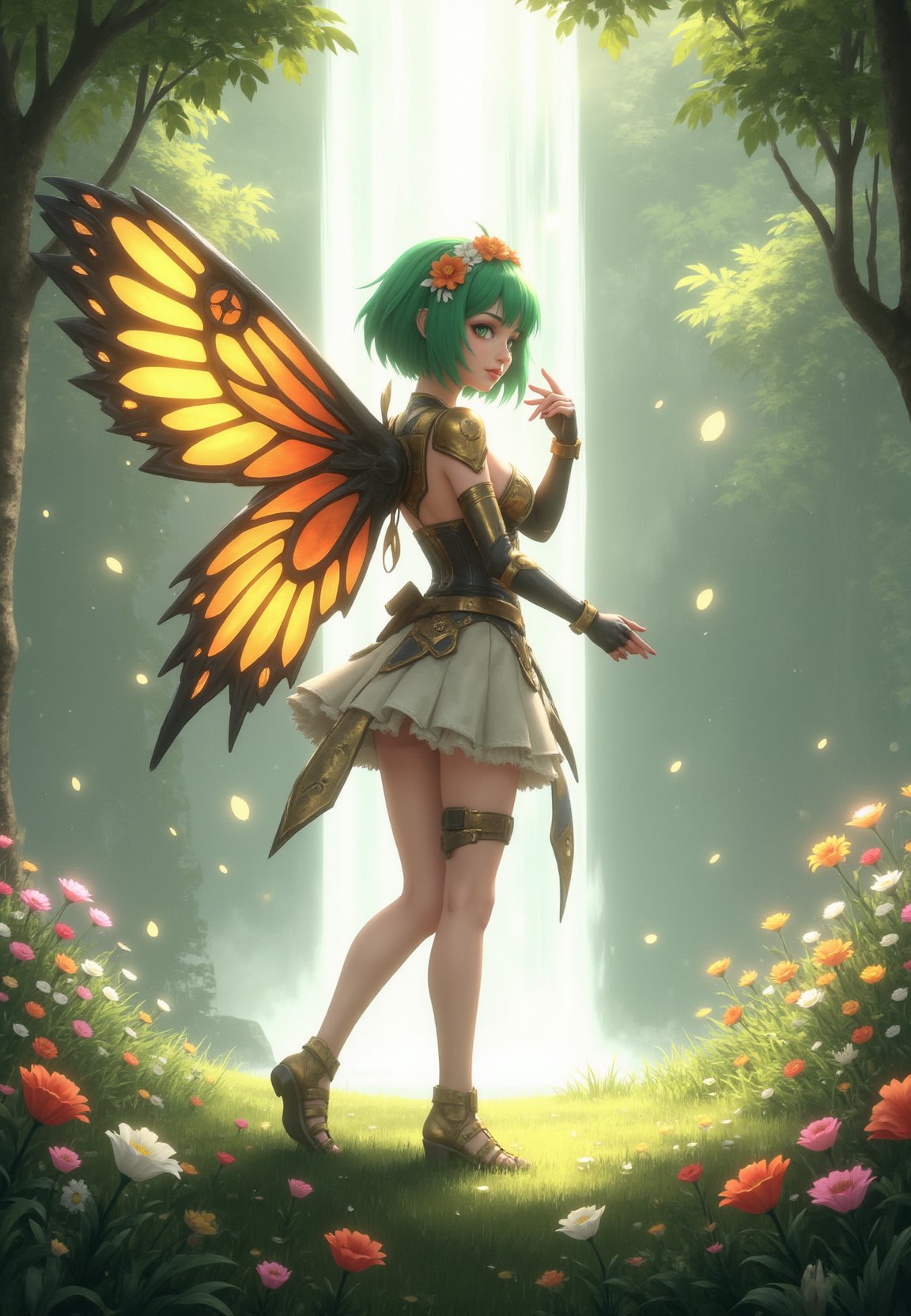 anime style picture,"manga style image: A airy fantasy angel-winged scandinavian woman with vibrant green hair styled in a bob cut, adorned with delicate flowers. Her large, colorful wings display shades of yellow, orange, and black, resembling those of a fairy wings. She wears a frilly, white and gold outfit that highlights her slender figure, with matching gloves and sandals. Her expressive eyes and graceful pose exude a sense of ethereal beauty. red nails, looked back,Background: Enchanted meadow filled with blooming wildflowers of various colors, with soft sunlight filtering through the trees. The air is filled with floating, glowing particles, giving the scene a magical, serene atmosphere. A gentle breeze causes the flowers and grass to sway, adding to the tranquil setting." waterfall in the background