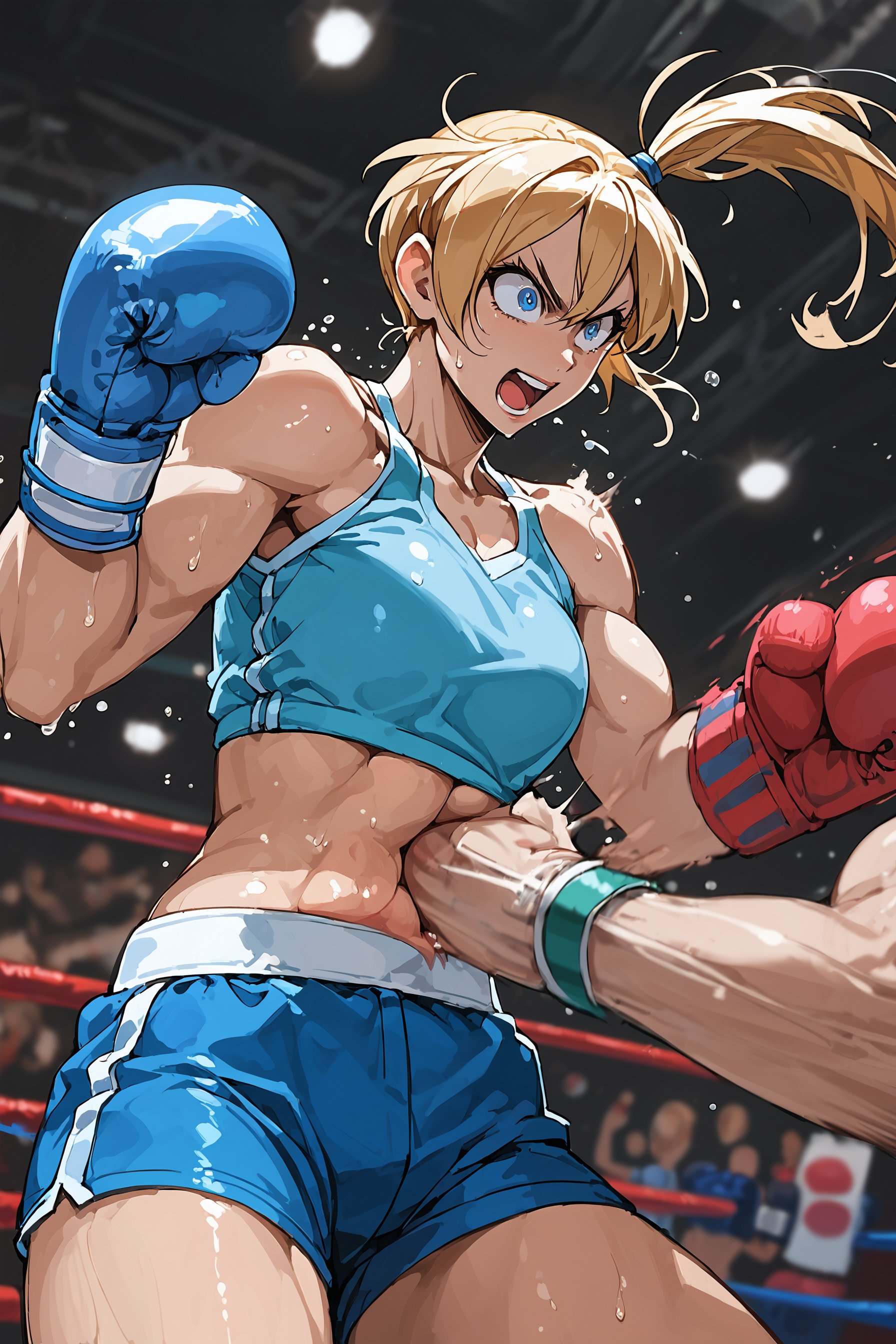 (score_9, score_8_up, score_7_up) BREAK source_anime,1girl,solo,blue eyes,blonde hair,long hair,side ponytail,shiny skin,smile,open mouth,sweat,punching,boxing gloves,belly punching,stomach punching,crop top,cowboy shot,shorts,boxing,fighting stance,indoors,boxing stage,<lora:belly_punching_v1:1>,