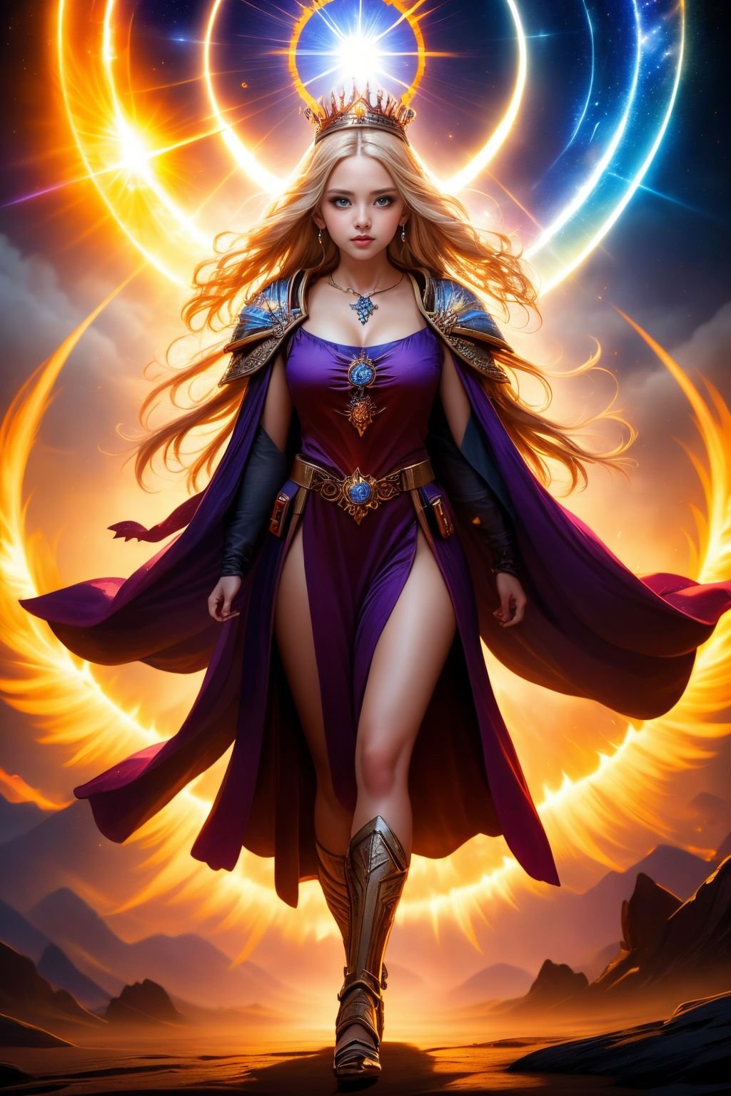 digital painting, art by greg rutkowski, beautiful ukrainian woman, freckles, silver eyes, medium blonde blowout hair,, looking down, (warhammer 40k theme:1.1), eyes blazing with the power of the sun, solar-wizard, bringer of the light, bright colors, wearing tattered purple mage robes, billowing solar cloak, solar-infused crown, gazing into the sun, solar necklace of the sun, dynamic pose, magic of the brightest sun, magical solar markings, supernova in background, symphony of light, light clouds, ethereal atmosphere, OverallDetail