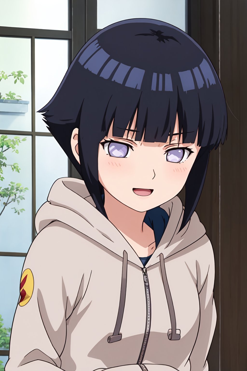 hinata, 4k, absurd, high resolution, very high resolution, high definition, masterpiece, anime_source, short hair, black hair, no pupils, blunt bangs, shiny hair, white eyes, hoodie, hood down, long sleeves, pants capri,hands behind back, blush, :d, upper body, arms in V, embarrassed, blushing<lora:EMS-383008-EMS:0.800000>