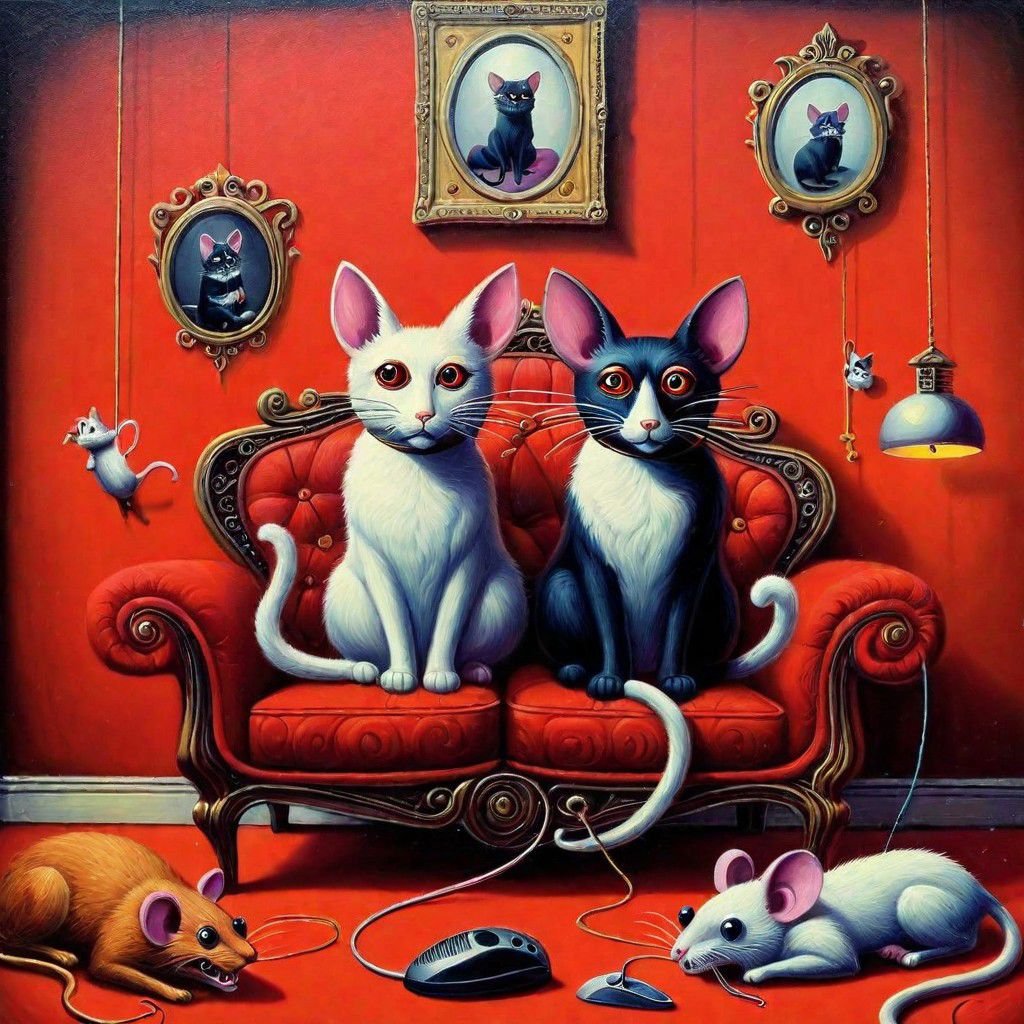 cat dog mouse sitting room. a couple sitting on a red sofa.  surreal 