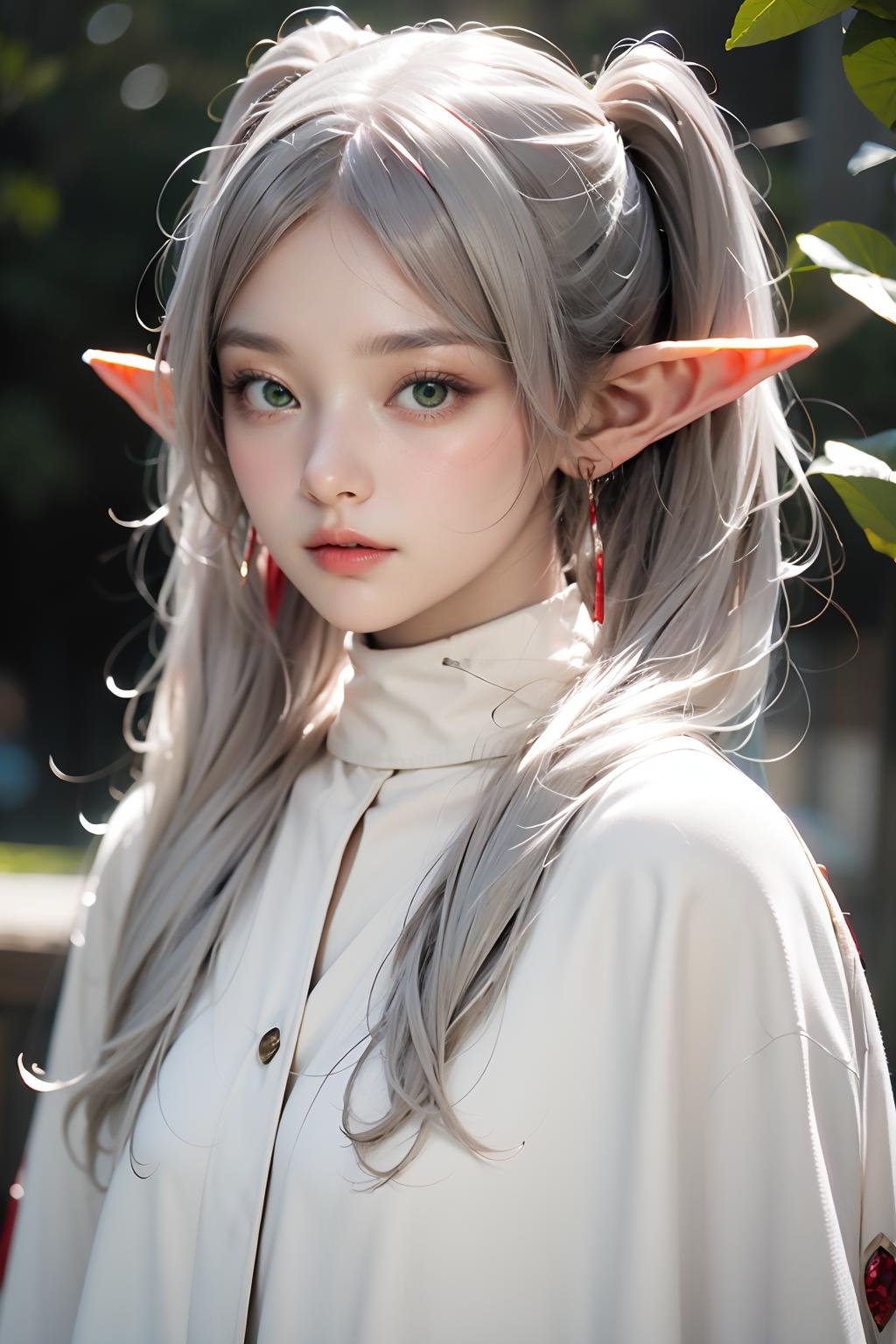 <lora:jingling_009:0.8>,wallpaper,huge filesize,super high resolution,best quality,Photos,4k,ingling,1girl,pointy ears,(green eyes:1.1),solo,twintails,(white hair:1.2),jewelry,long hair,elf,earrings,long sleeves,looking at viewer,bangs,closed mouth,comic,full_shot,cloak,bangs,shirt,white cloak,striped_shirt,