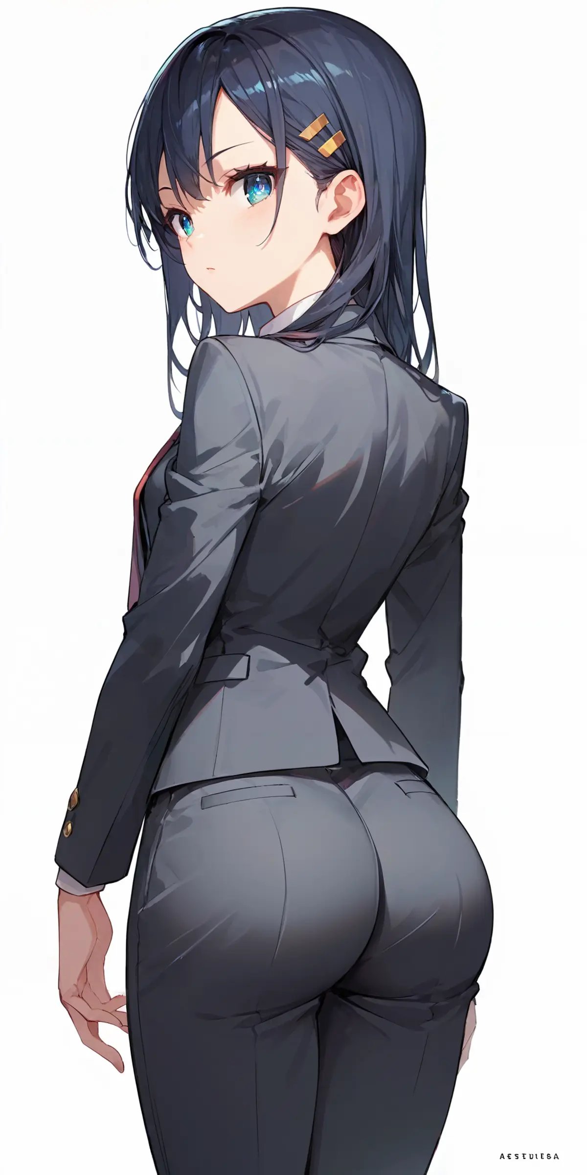 score_9, score_8_up, score_7_up,source_anime, high res image,masterpiece,best quality,girl,cute face,clear skin,shiny hair,ultra detailed eyes,simple background, <lora:suit_pony_V1.0:1>  suit, necktie,pants,ass