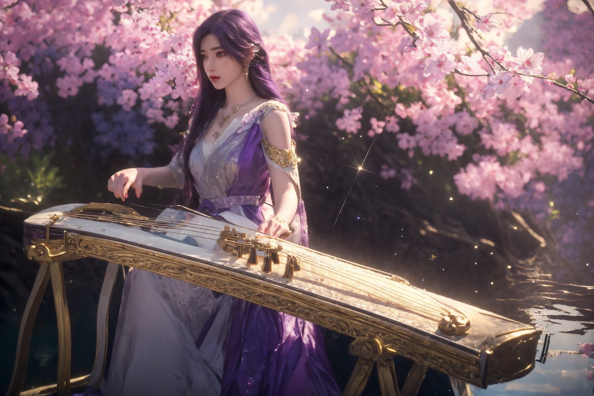 ((4k,masterpiece,best quality)),professional camera,8k photos,wallpaper,purple hair,1girl,solo,long hair,(dress:1.3),jewelry,eyes,earrings,outdoors,sky,sparkle_water,necklace,dress,lips,sparkle,sitting,flower,outdoors,water,tree,music,playing instrument,zither,Flowers,meadows,lavender,butterflies,<lora:NM_FC-云曦-易容泛化_2.0 (1):0.8>,<lora:美人胚子(油彩画风):0.4>,