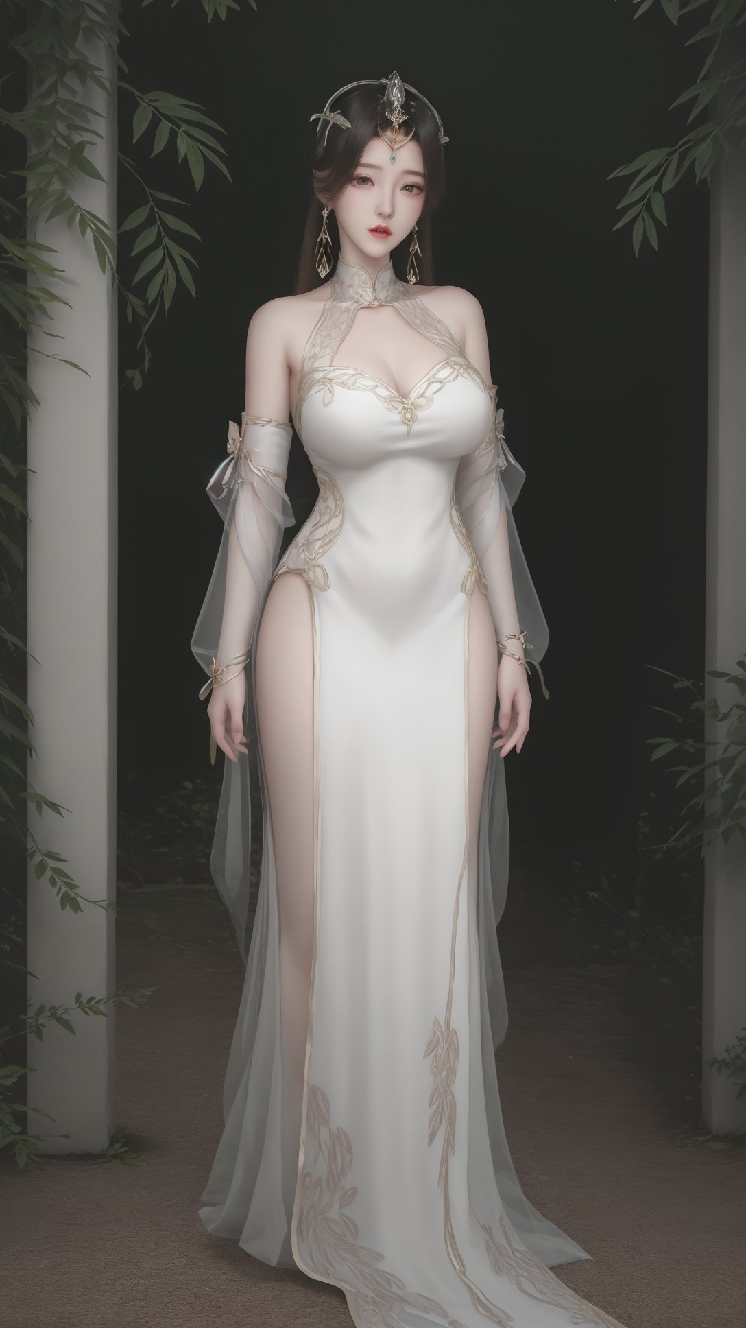 (1girl),smooth chin,masterpiece,detailed face,((hair ornament)),top quality,4k,make up,best quality,large breasts,(looking at viewer),green line on white dress,hair pin,detached sleeves,mature female,forehead mark,<lora:柳神SD1.5_v1.0:0.85>,gown,aged up,on street,ribbon,arms behind back,open arms,full body,